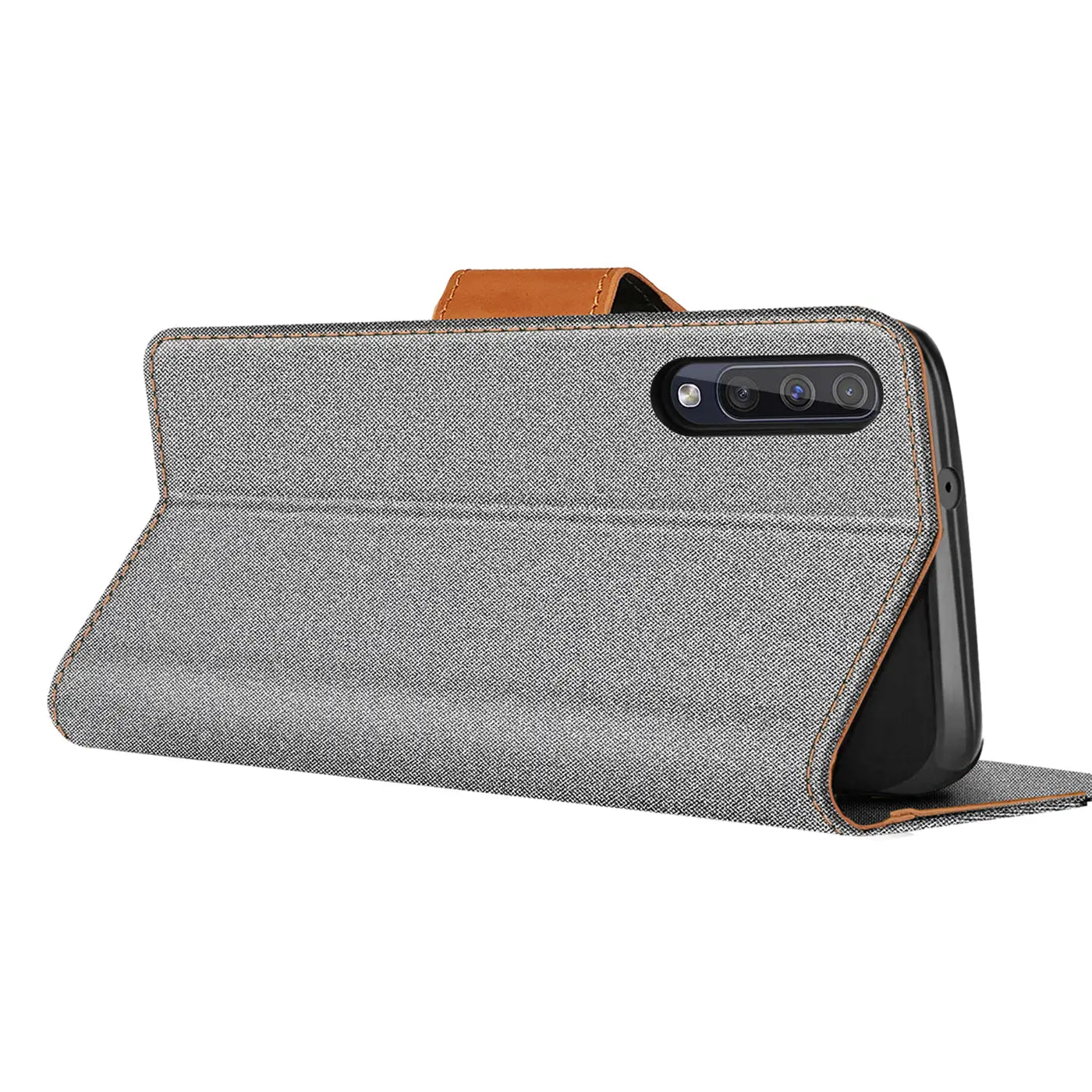 Graue Textil-Klapphülle mit braunem Lederriemen, seitliche Ansicht, zeigt Samsung Galaxy A50/A30s.