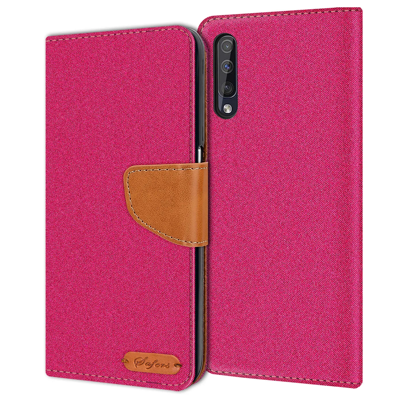 Fuchsia Textil Klapphülle mit braunem Lederdetail, Vorderansicht, Samsung A50/A30s sichtbar