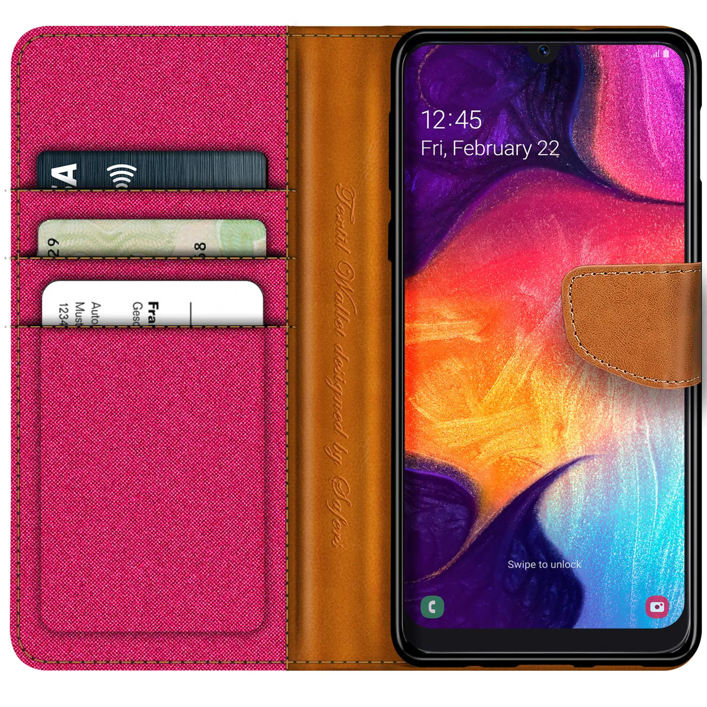 Textil-Klapphülle in Pink/Braun mit Kartenfach, geöffnet, zeigt Samsung Galaxy A50/A30s.