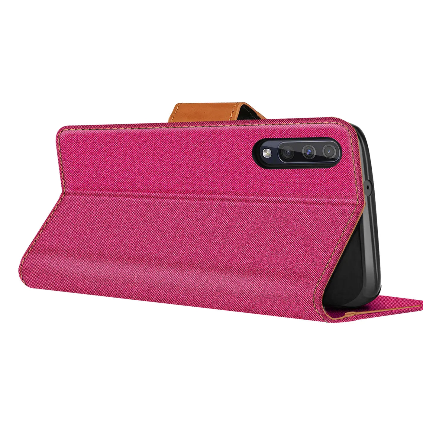 Pink Textil Klapphülle mit Kartenfach, seitliche Ansicht, Samsung Galaxy A50/A30s.