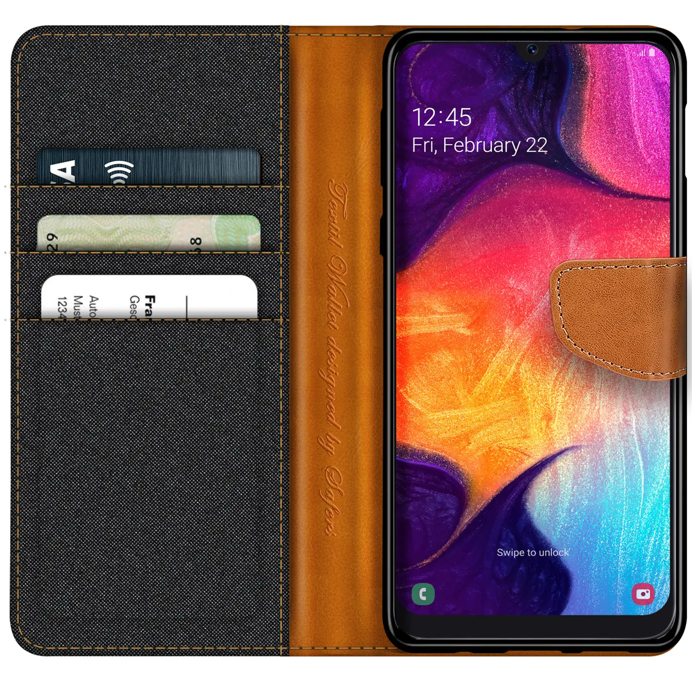 Textil-Klapphülle in Schwarz/Braun mit Kartenfach für Samsung Galaxy A50/A30s.