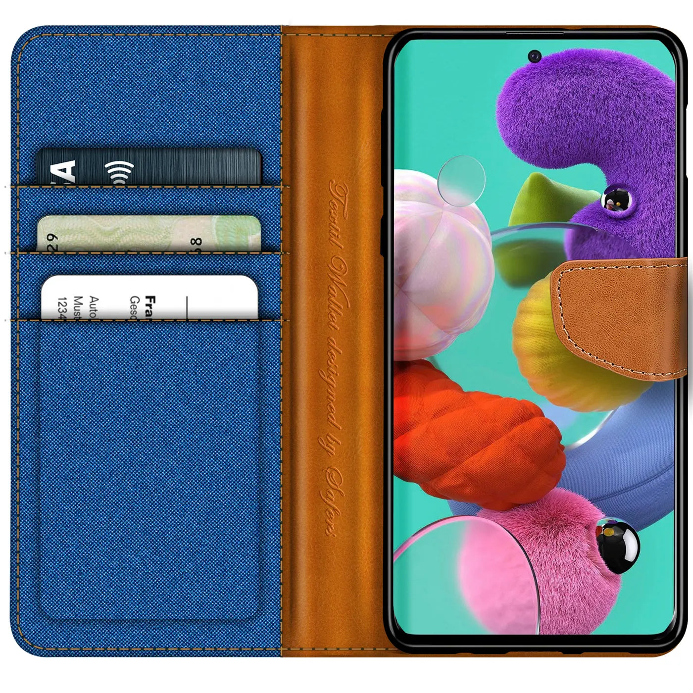 Blaue Textil-Klapphülle mit braunen Lederdetails, Kartenfächern, zeigt Samsung A51.