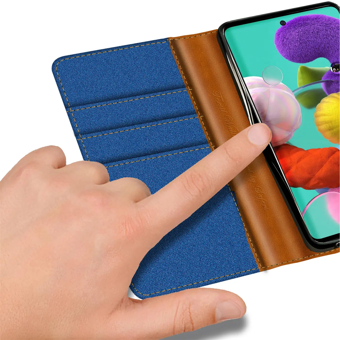 Blaue Textil-Klapphülle mit braunen Lederdetails, Kartenfächer, Samsung Galaxy A51.