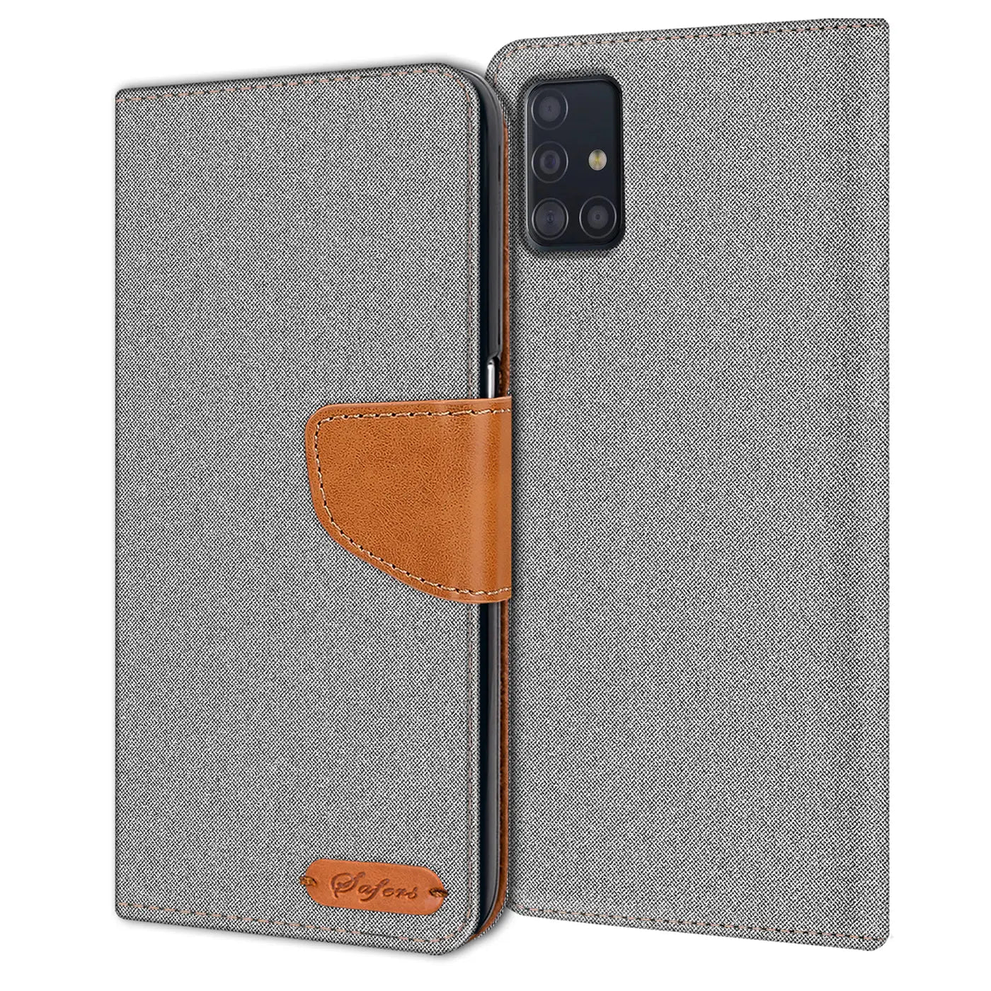 Graue Textil-Klapphülle mit braunem Lederakzent, offen, zeigt Samsung Galaxy A51.
