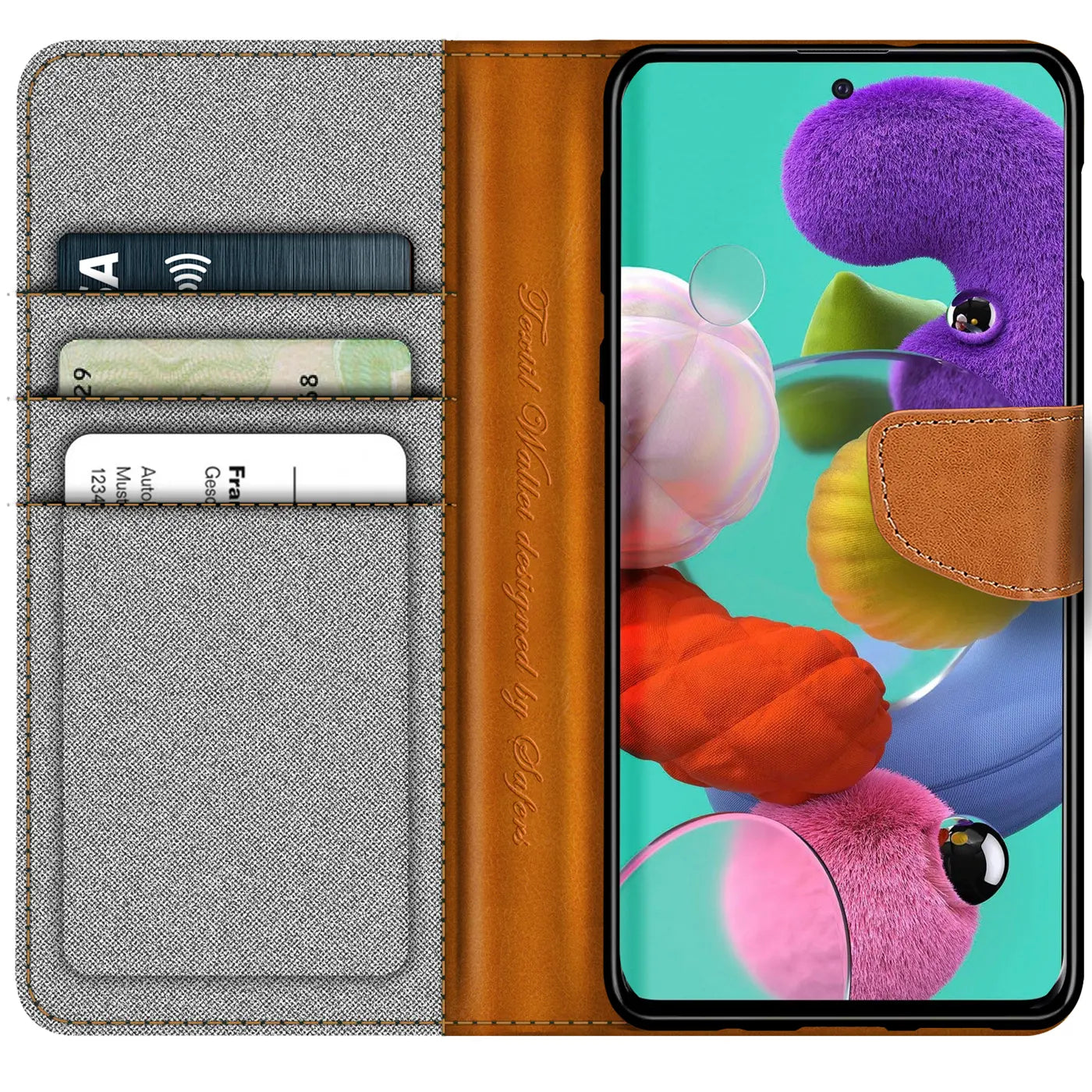 Braune Leder-Klapphülle mit Textil-Innenseite, Kartenfächern, Samsung Galaxy A51.