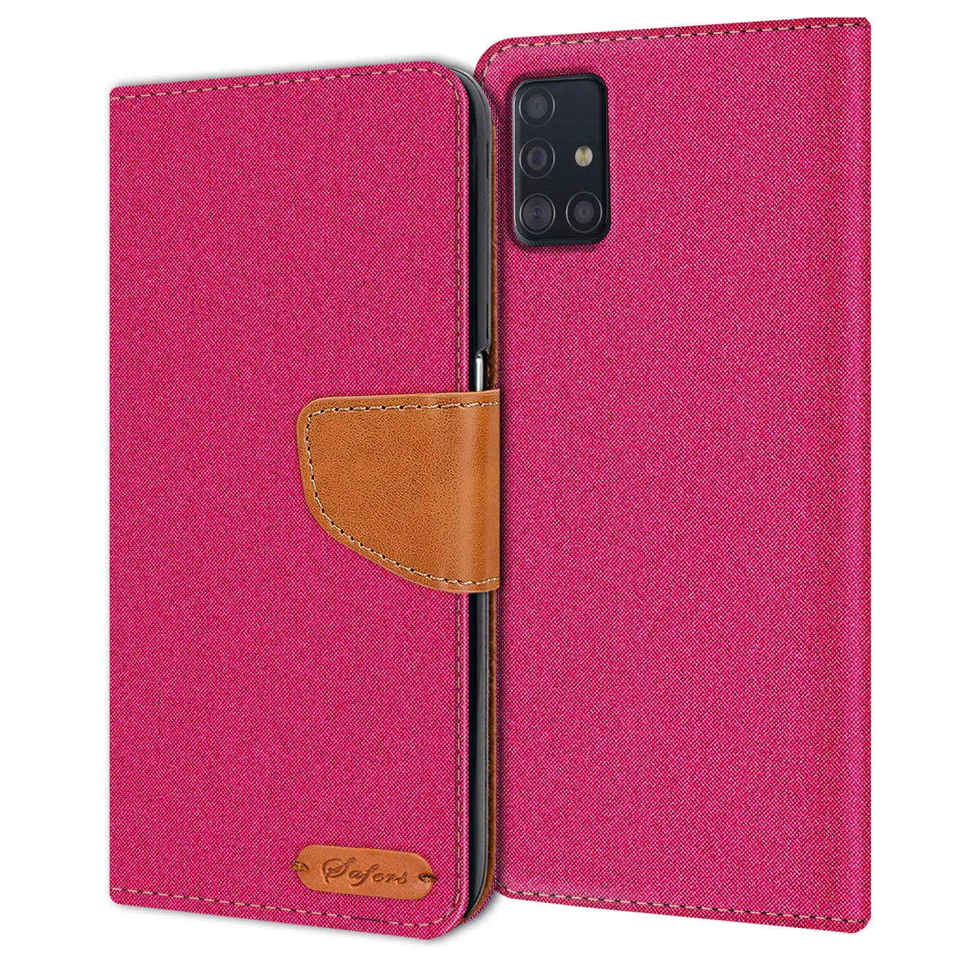 Pink Textil Klapphülle mit braunem Lederdetail, Samsung Galaxy A51 sichtbar, Vorderansicht.