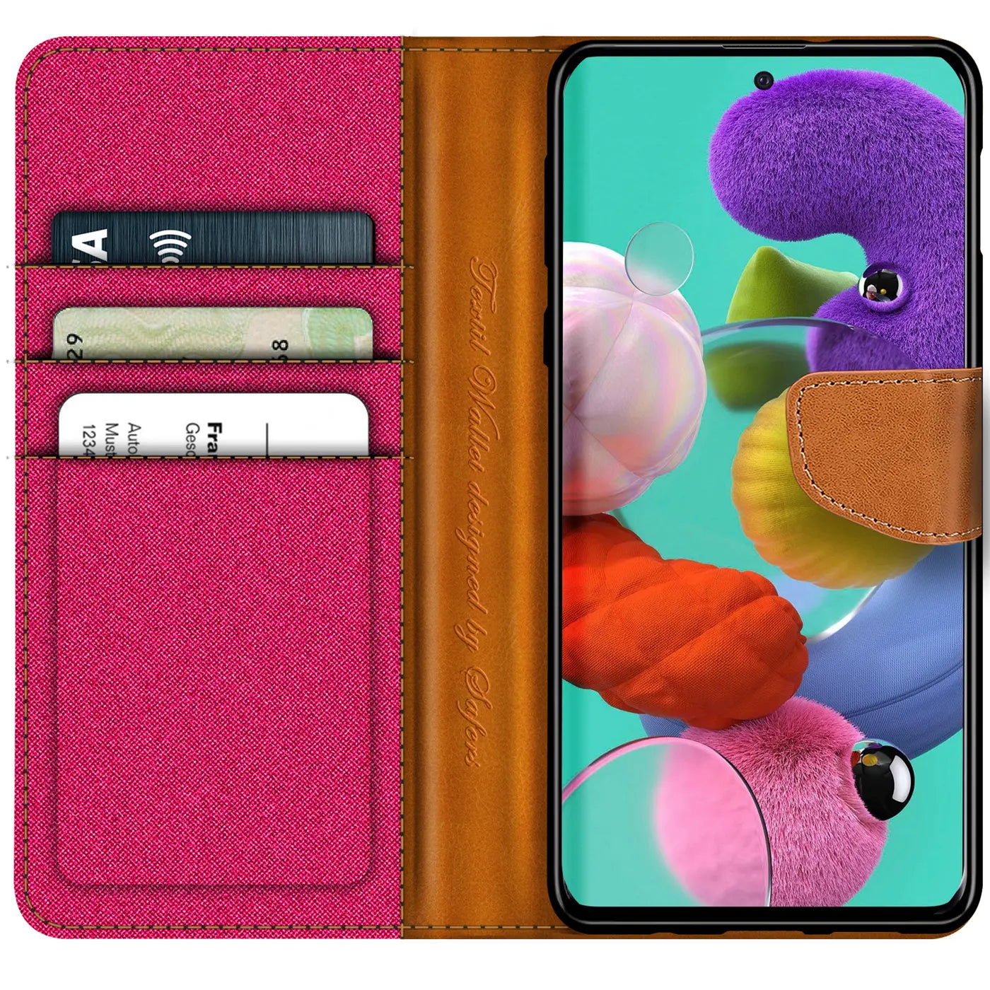 Textil-Klapphülle in Pink mit Kartenfächern, braunem Lederakzent, Samsung Galaxy A51.