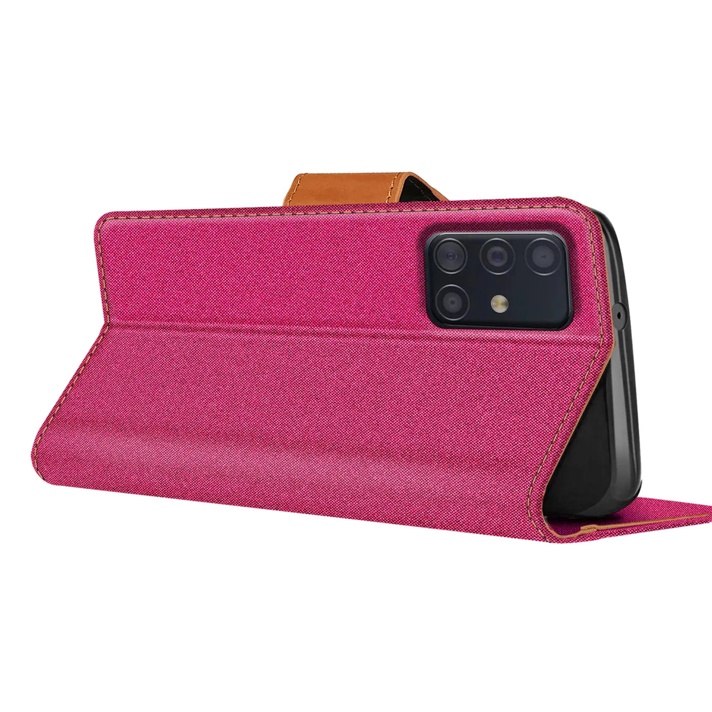 Pink Textil Klapphülle mit Kartenfach, Samsung Galaxy A51, Seitenansicht