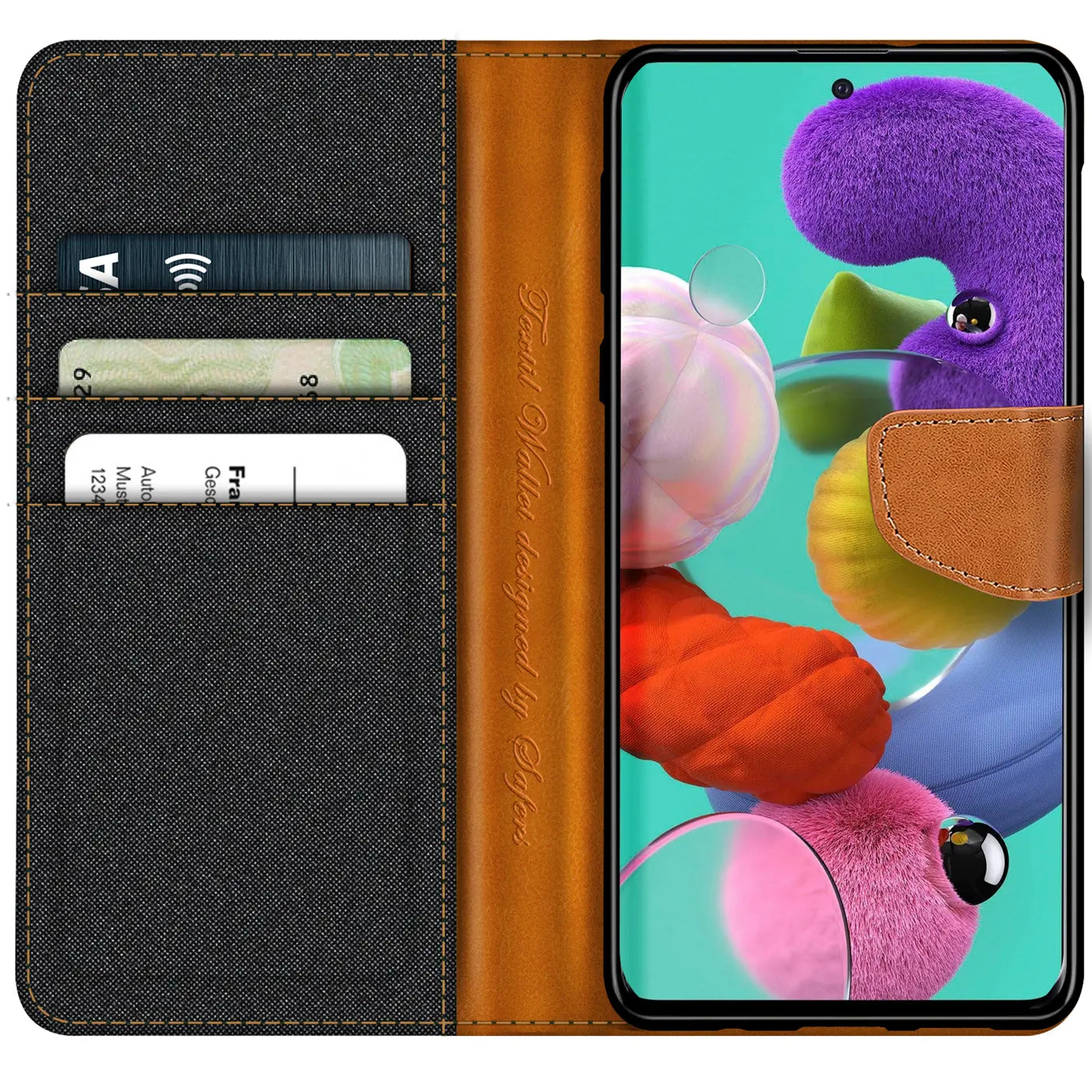 Textil-Klapphülle mit Kartenfach, braun/grau, Samsung Galaxy A51, von vorne