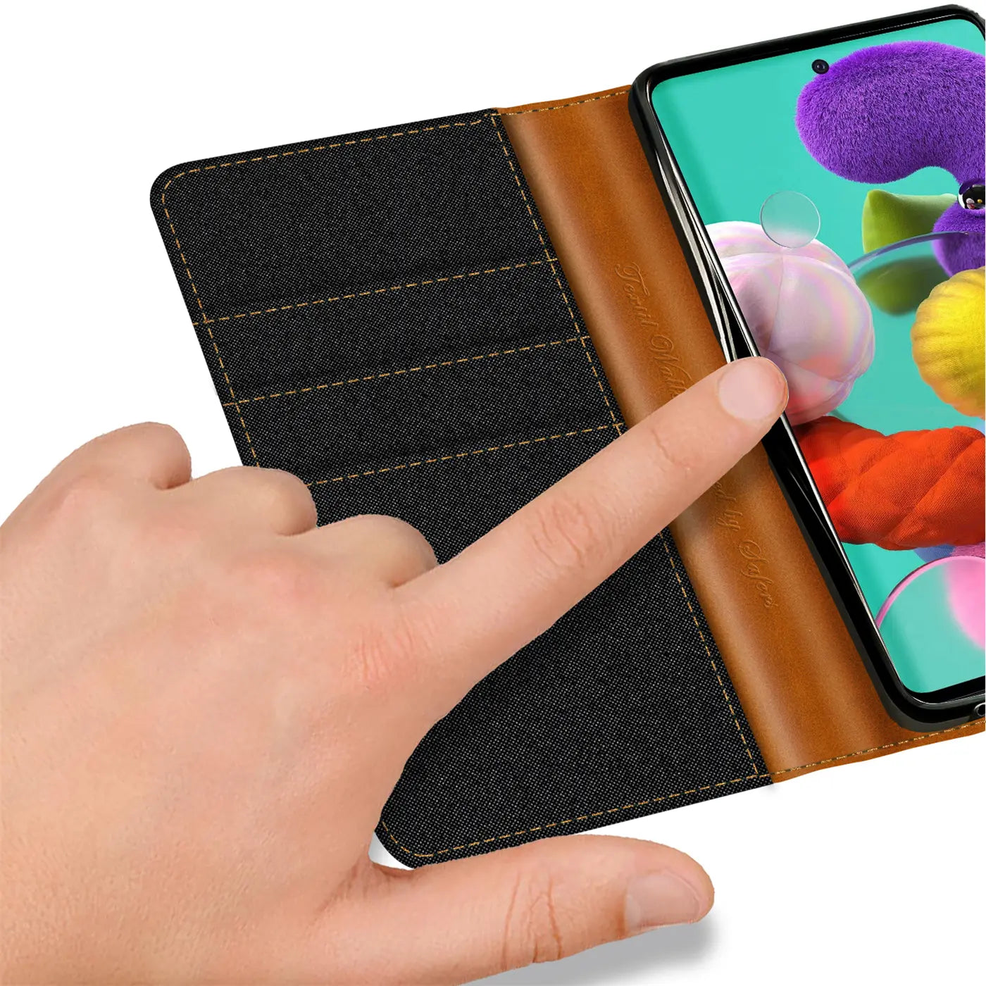 Textil Klapphülle, braun/schwarz, mit Kartenfach, Samsung Galaxy A51.
