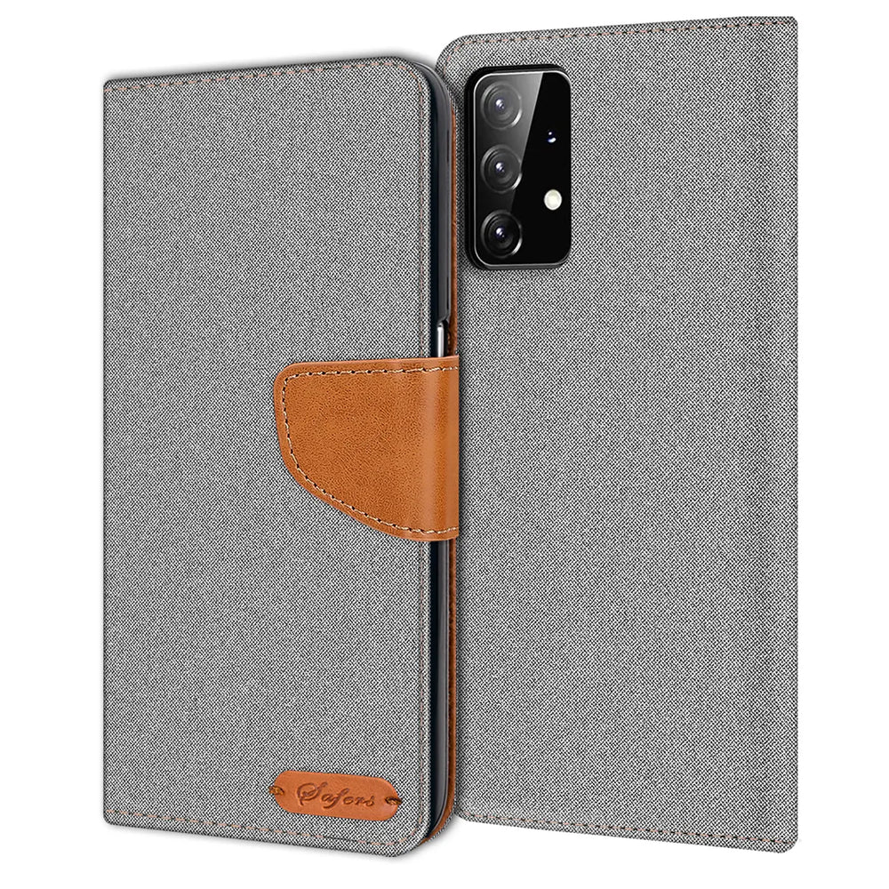 Graue Textil-Klapphülle mit braunem Lederdetail für Samsung Galaxy A52.