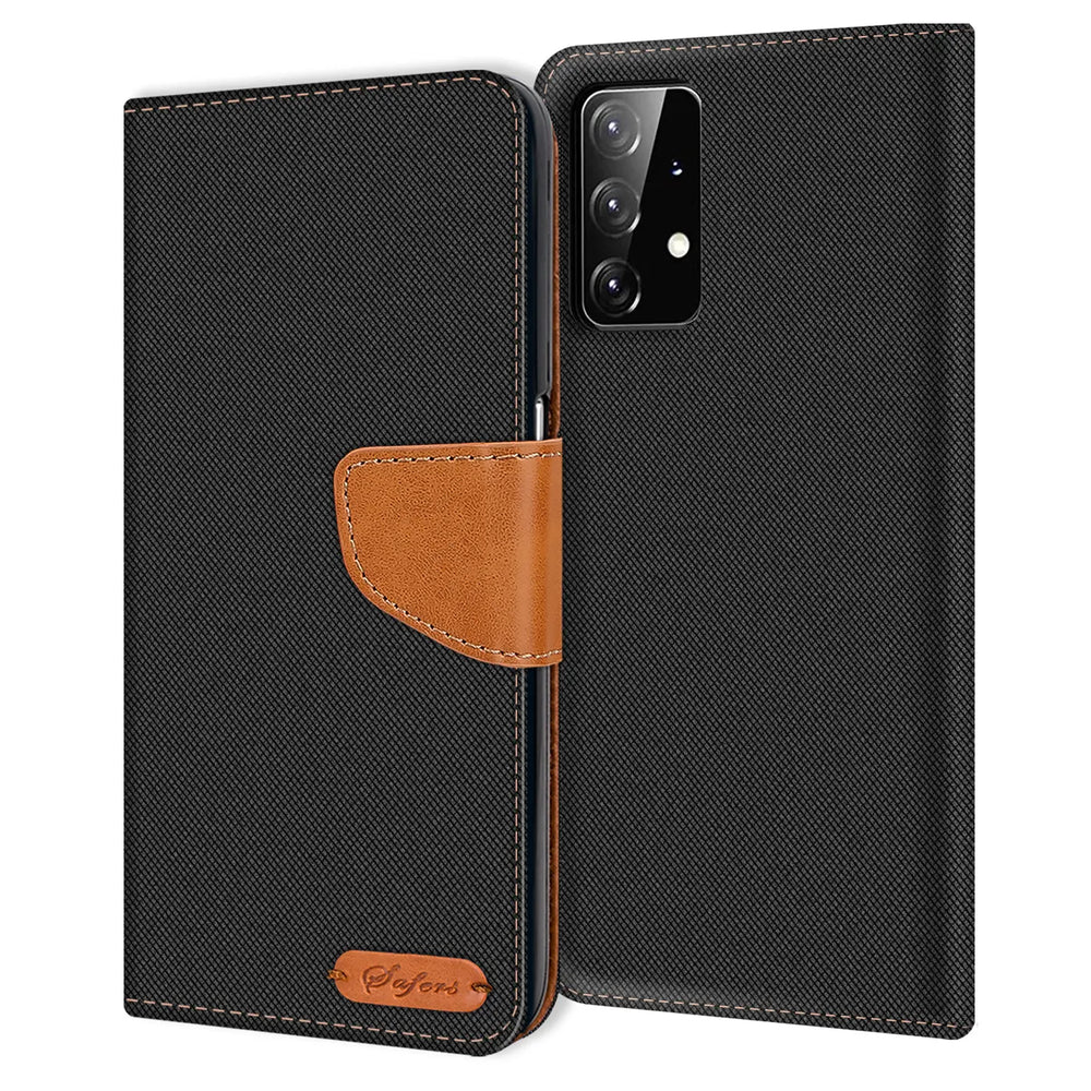 Schwarze Textil-Klapphülle mit braunem Lederriemen, Samsung Galaxy A52 5G Rückseite sichtbar.