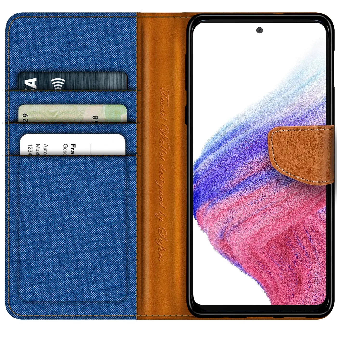Blaue Textil-Klapphülle mit braunen Lederdetails und Kartenfächern, zeigt Samsung Galaxy A53 5G.