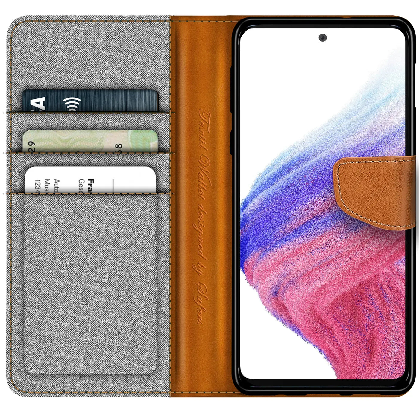 Graue Textil-Klapphülle mit braunen Lederdetails, Kartenfächer, Samsung Galaxy A53 5G.