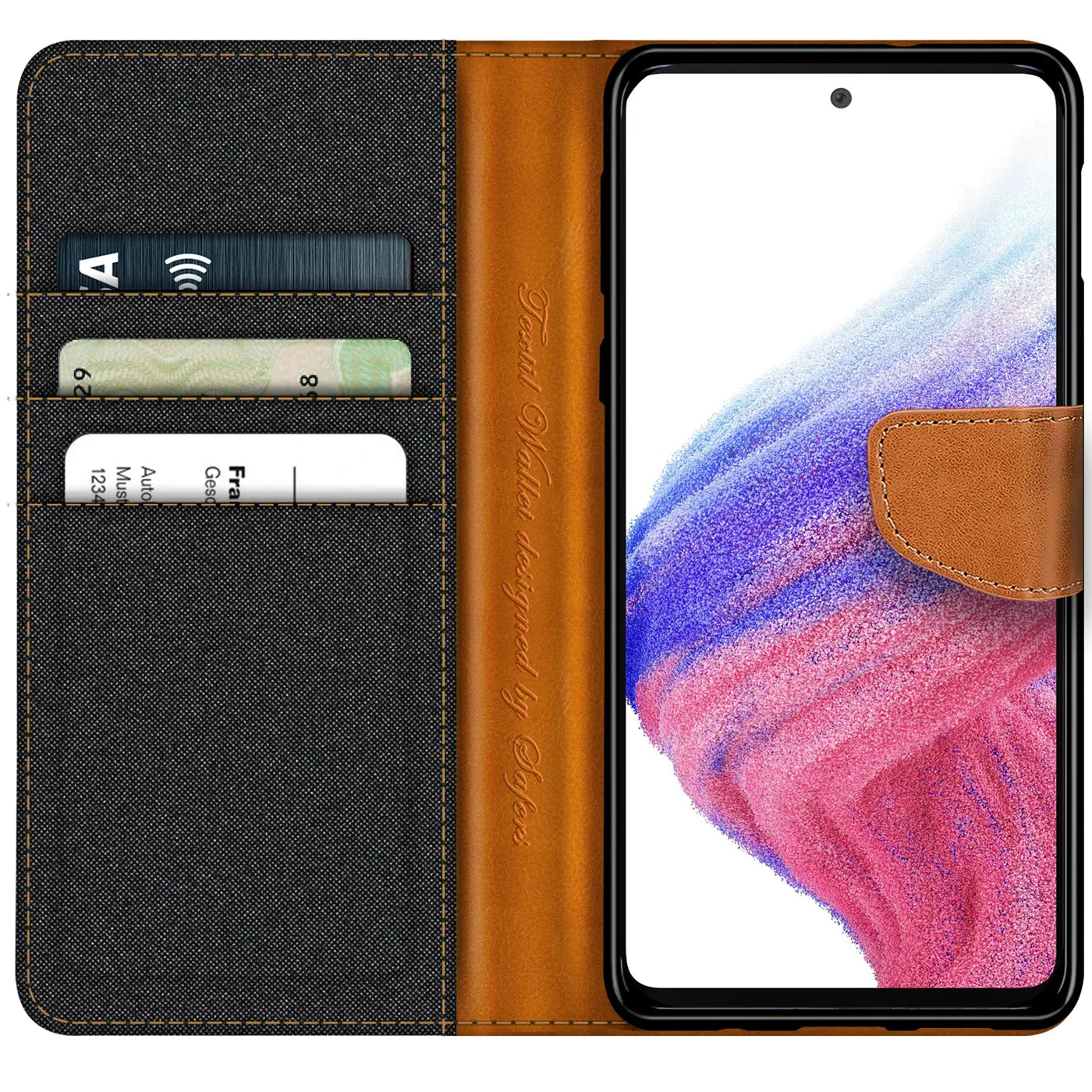 Textil-Klapphülle mit Kartenfach für Samsung Galaxy A53 5G, braun/schwarz
