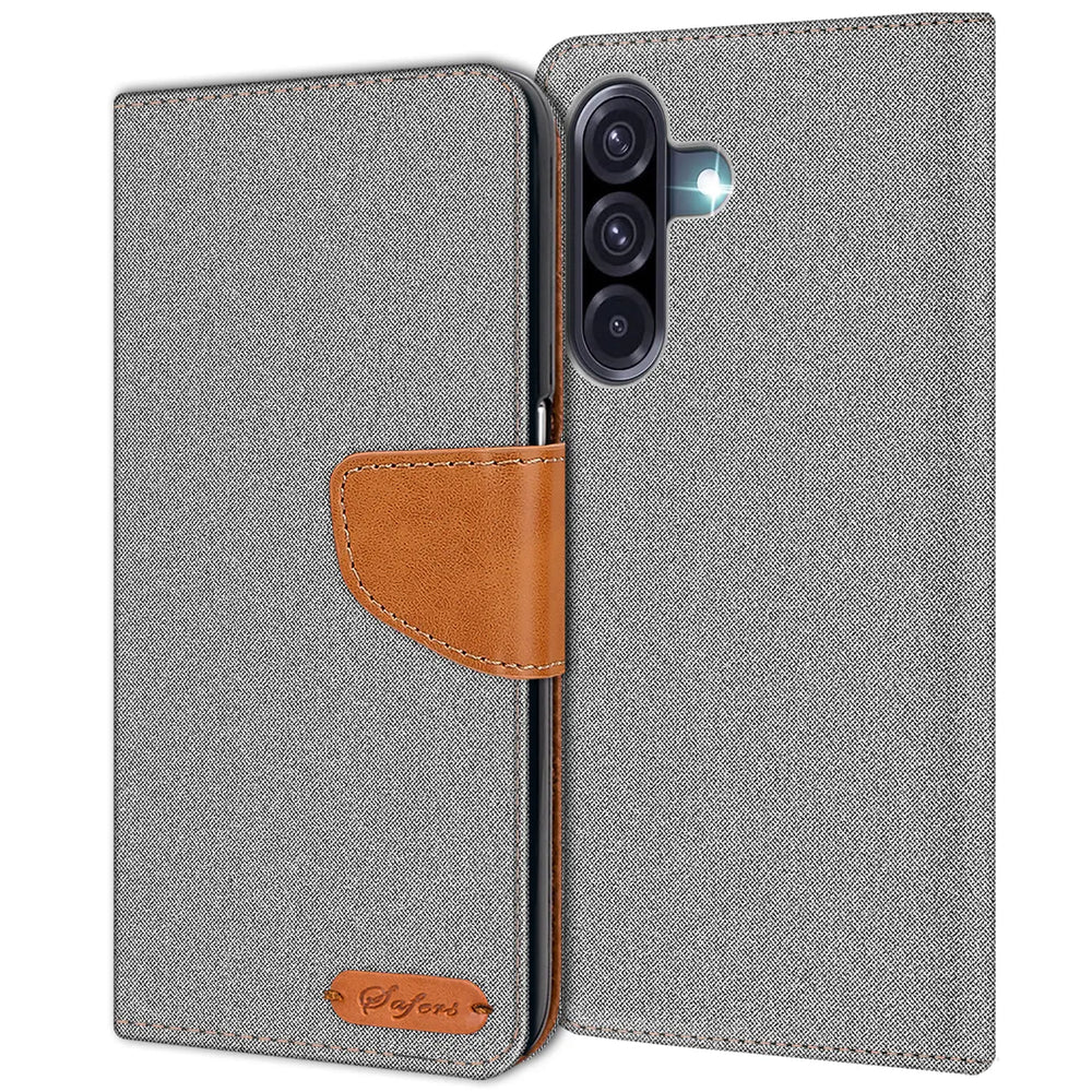 Graue Textil-Klapphülle mit braunem Lederakzent, Samsung Galaxy A56 5G sichtbar.
