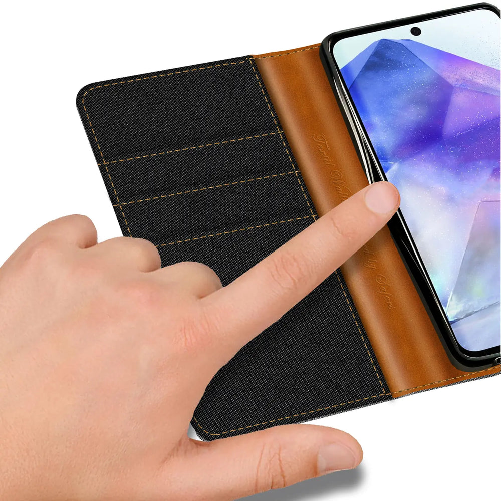 Samsung Galaxy A56 5G Klapphülle, Textil/Leder, Kartenfach, Nahaufnahme