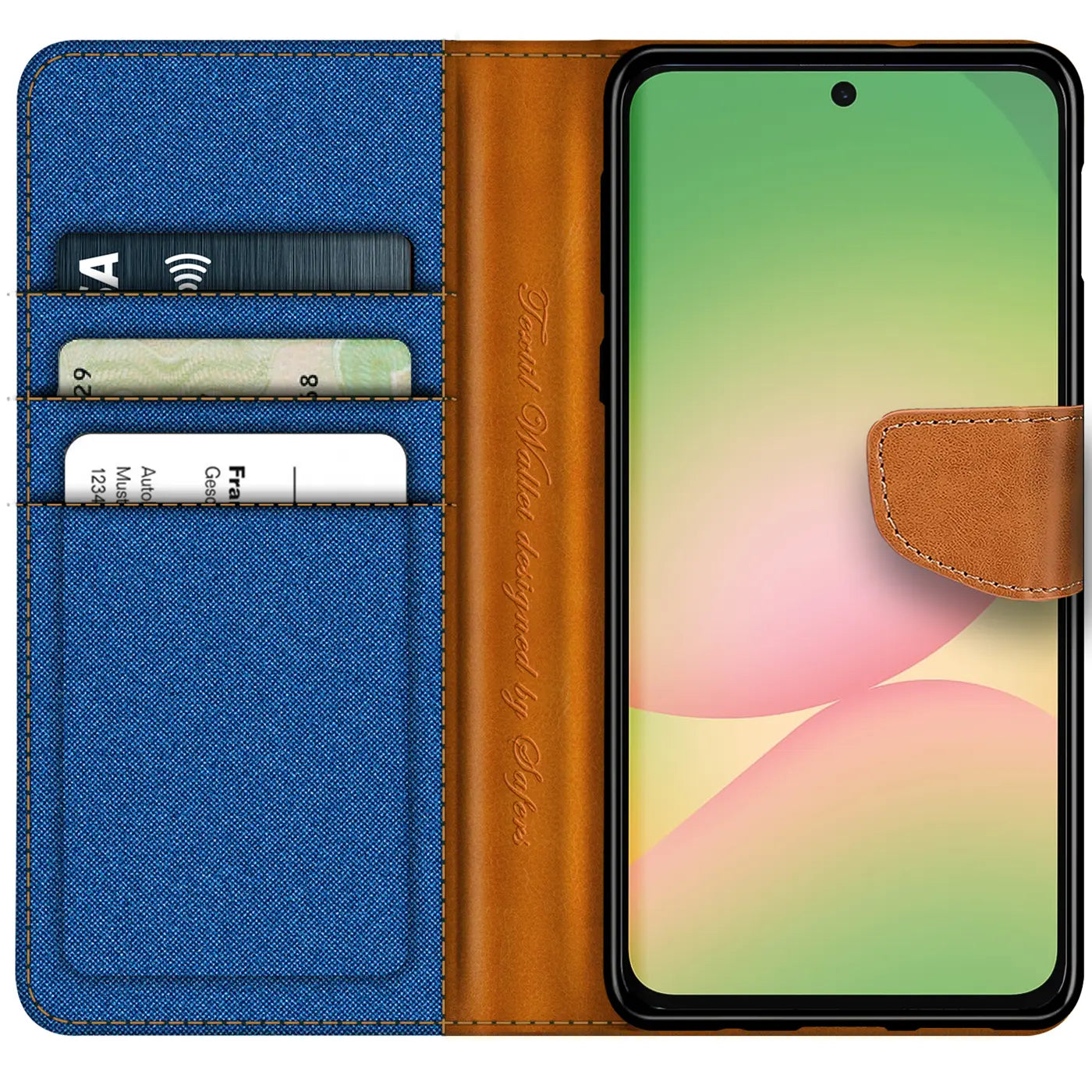 Blaue Textil-Klapphülle mit braunen Lederdetails und Kartenfächern, zeigt Samsung Galaxy A57 5G.