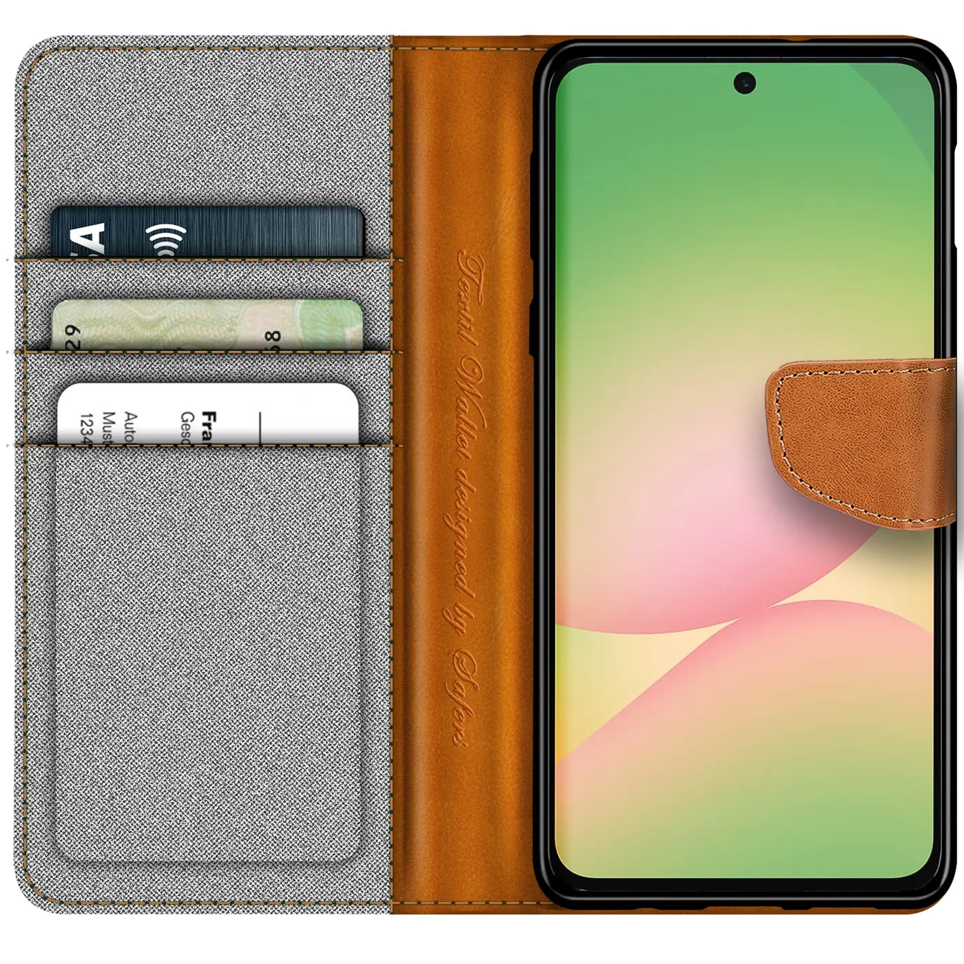Graue Textil-Klapphülle mit braunen Lederdetails, Kartenfächern, zeigt Samsung Galaxy A57 5G.
