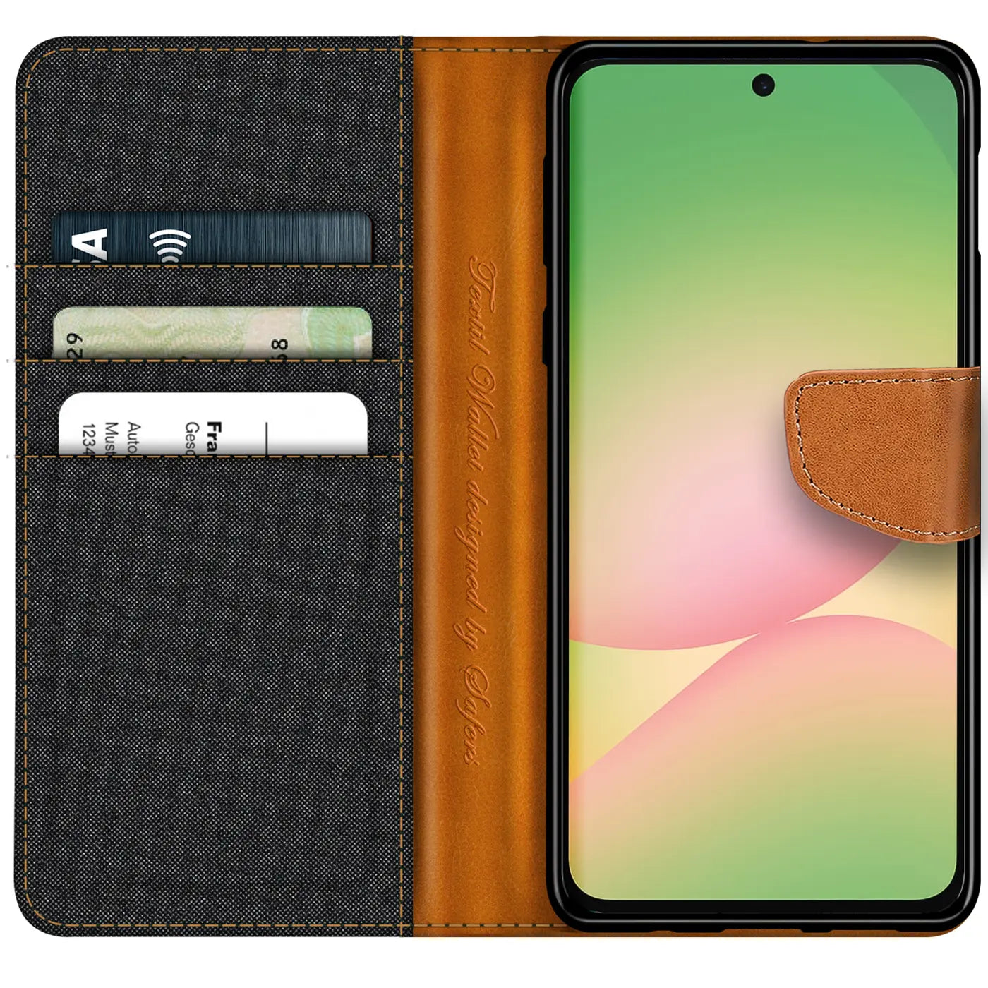 Samsung Galaxy A57 5G Hülle, Textil/Leder, Klapphülle mit Kartenfach, Vorderansicht