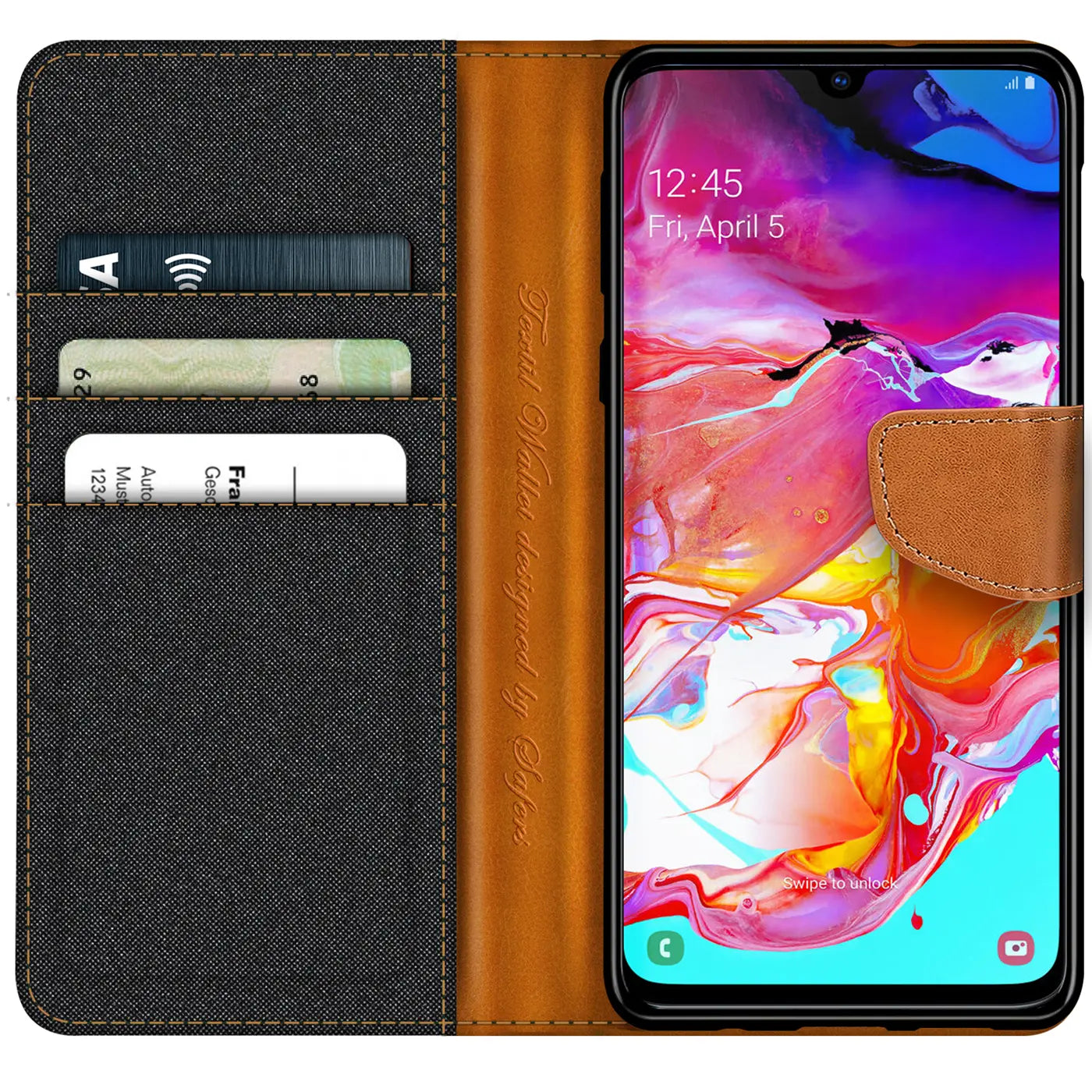 Textil-Klapphülle in Schwarz/Braun mit Kartenfach, Samsung Galaxy A70/A70s, von vorne