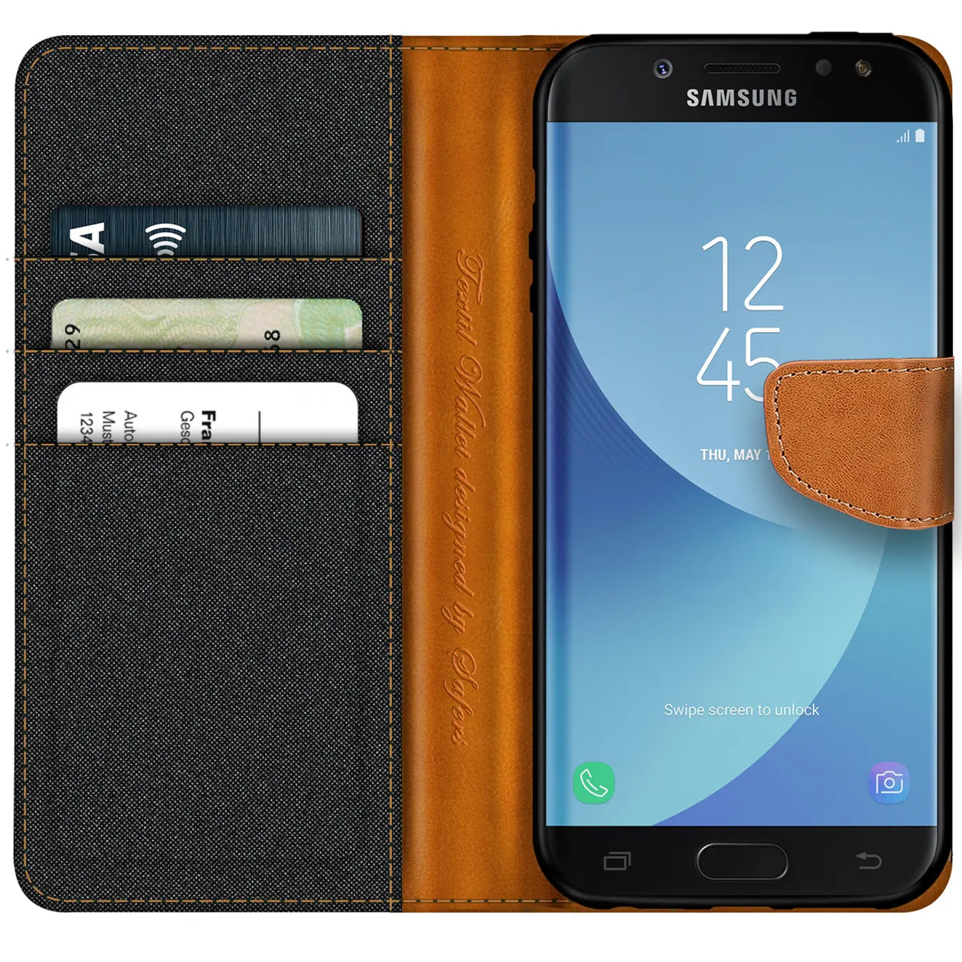 Textil-Klapphülle in Schwarz/Braun mit Kartenfächern für Samsung Galaxy J5 2017.