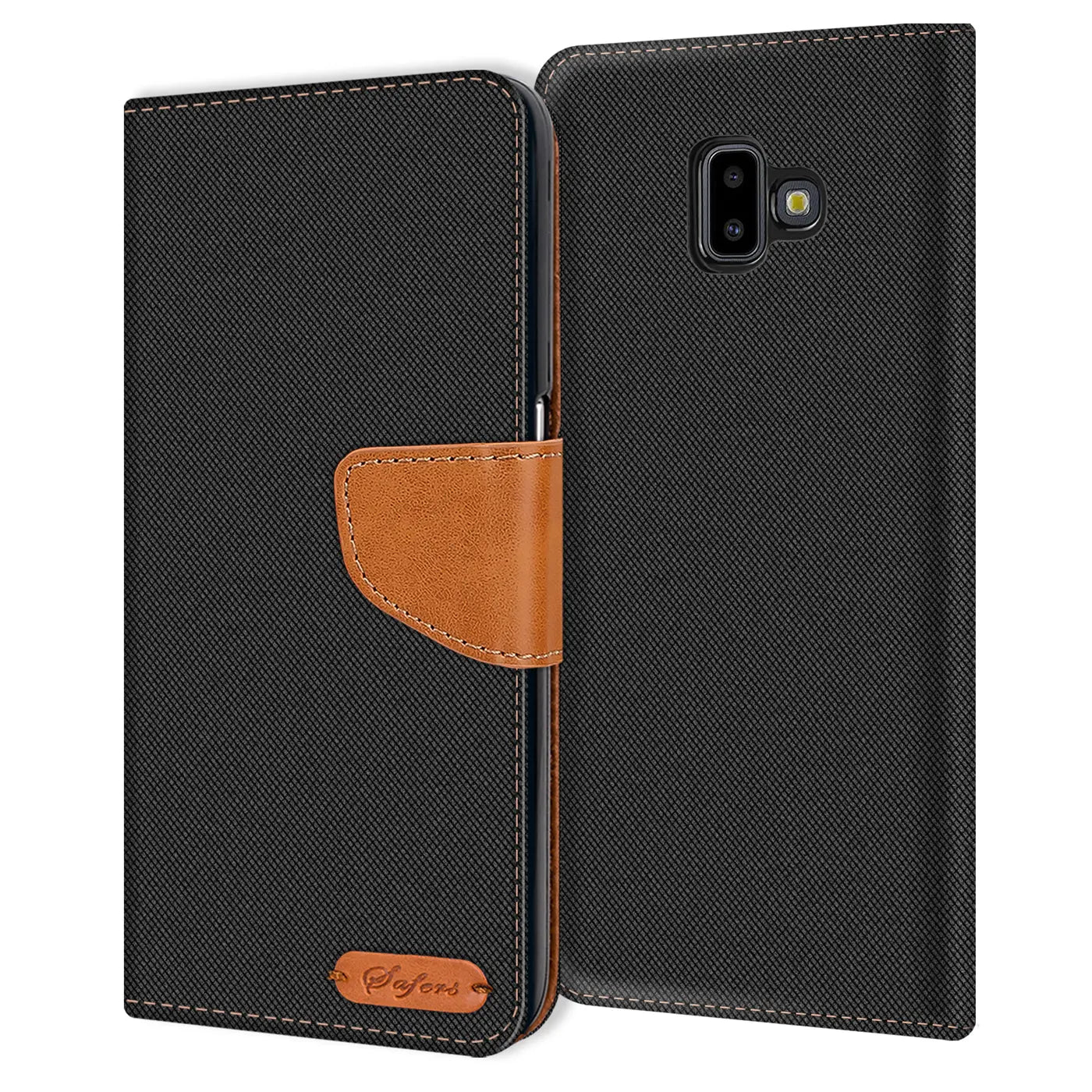 Schwarze Textil-Klapphülle mit braunem Lederakzent und Kartenfach für Samsung Galaxy J6 Plus.