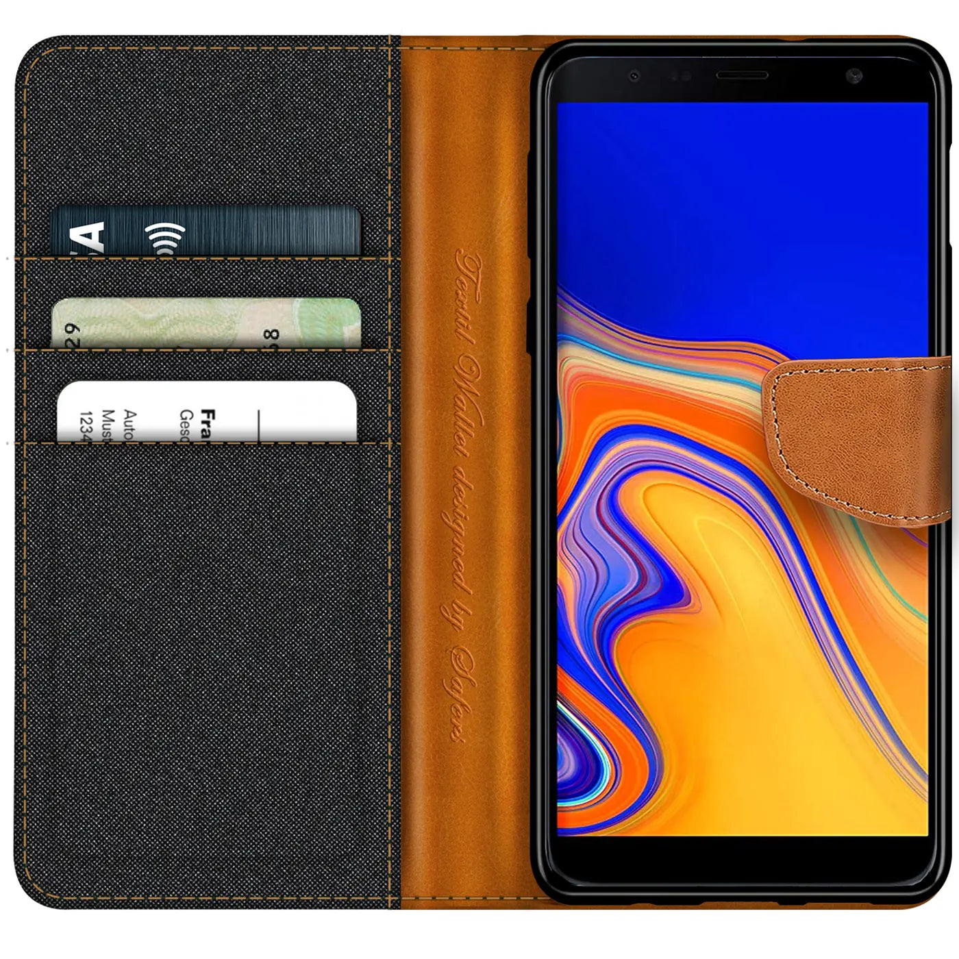Textil-Klapphülle mit Kartenfach, braun/grau, für Samsung Galaxy J6 Plus