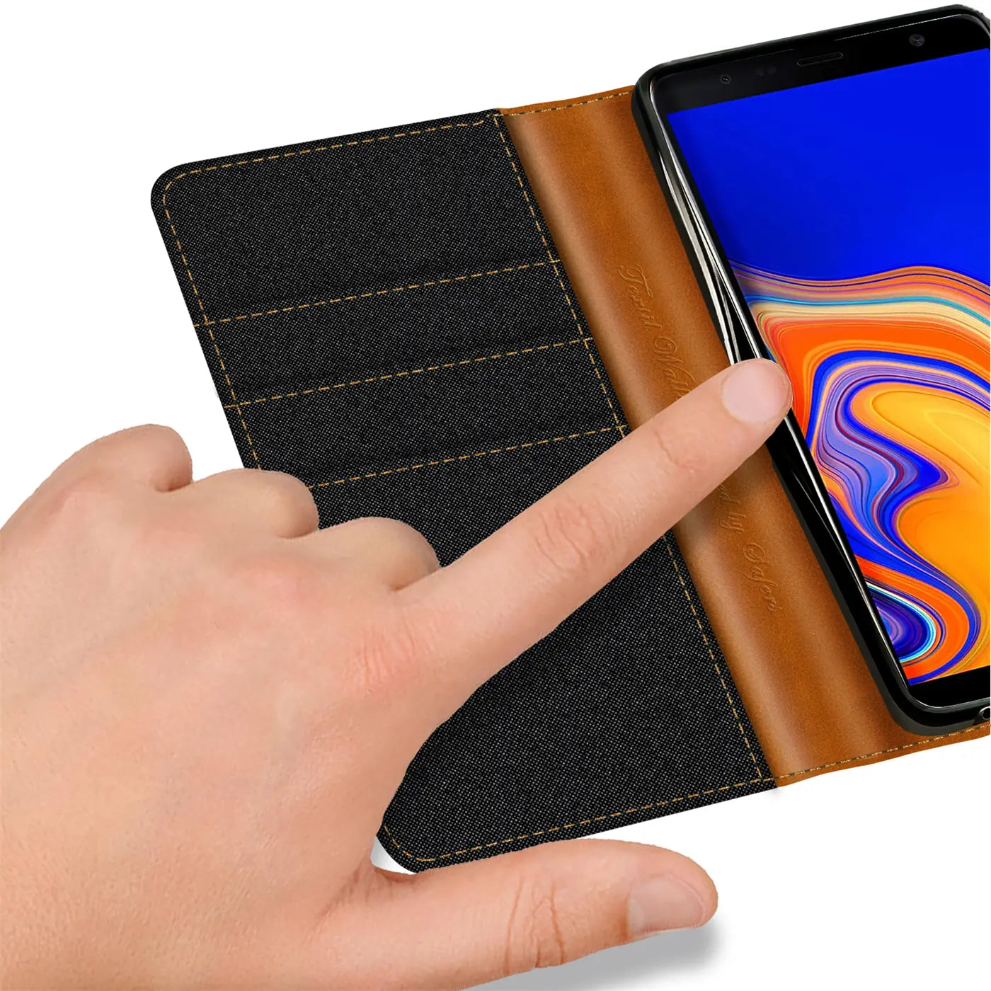 Textil-Klapphülle, schwarz/braun, mit Samsung Galaxy J6 Plus, von oben links