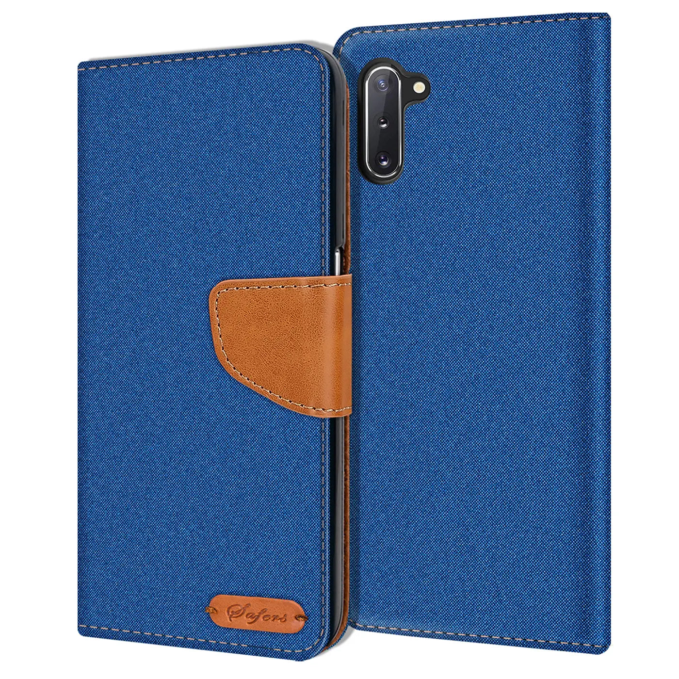Blaue Textil-Klapphülle mit braunem Lederriemen, Kartenfach, Samsung Galaxy Note 10.