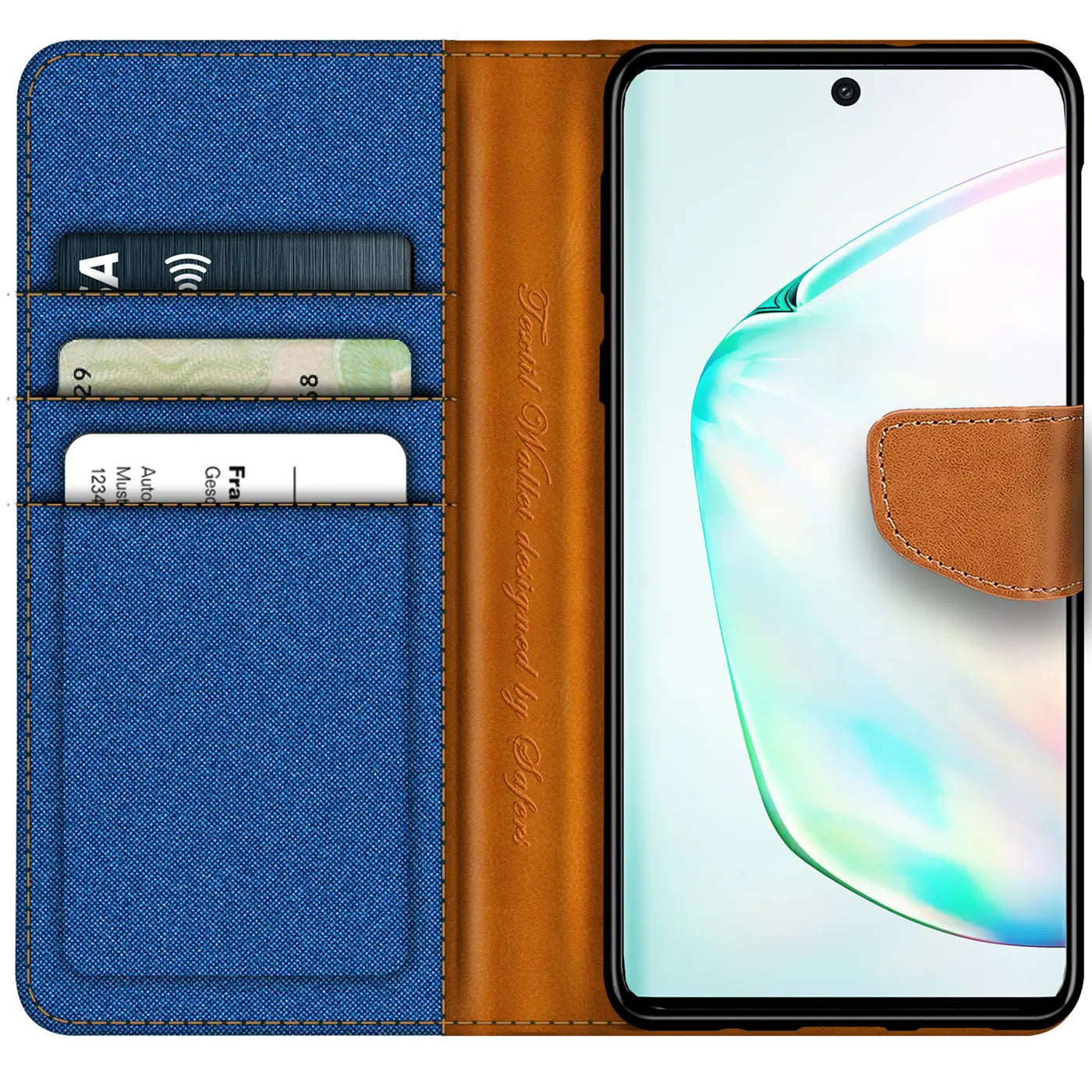 Blaue Textil-Klapphülle mit braunem Lederfach für Samsung Note 10, von vorne