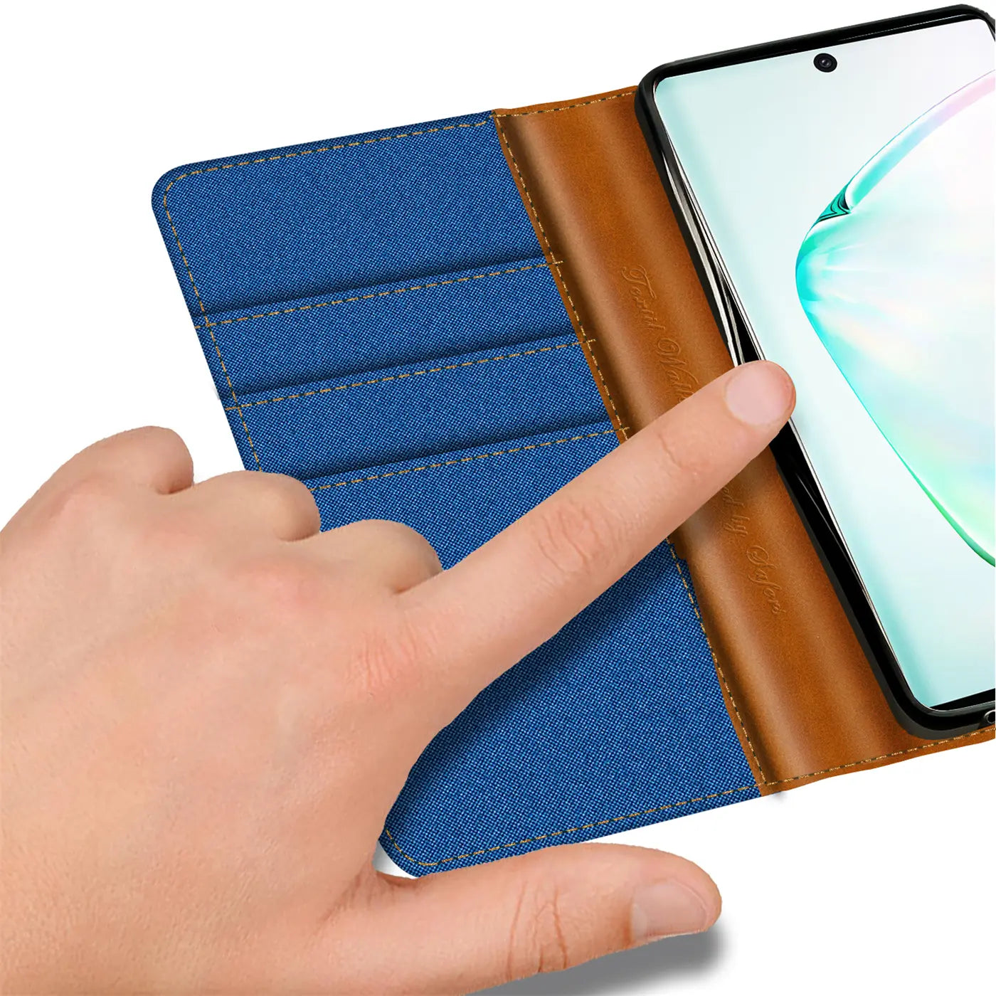 Blaue Textil-Klapphülle mit braunen Lederdetails und Kartenfächern, zeigt Samsung Galaxy Note 10.