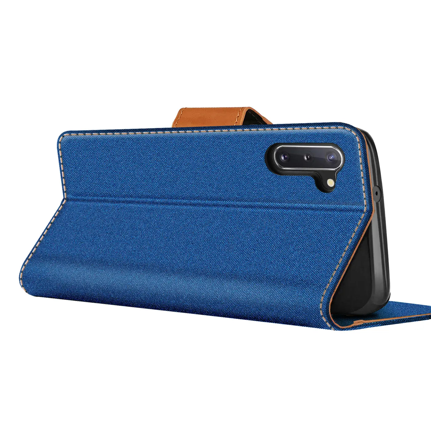 Blaue Textil-Klapphülle mit braunem Lederriemen, Samsung Galaxy Note 10 von rechts