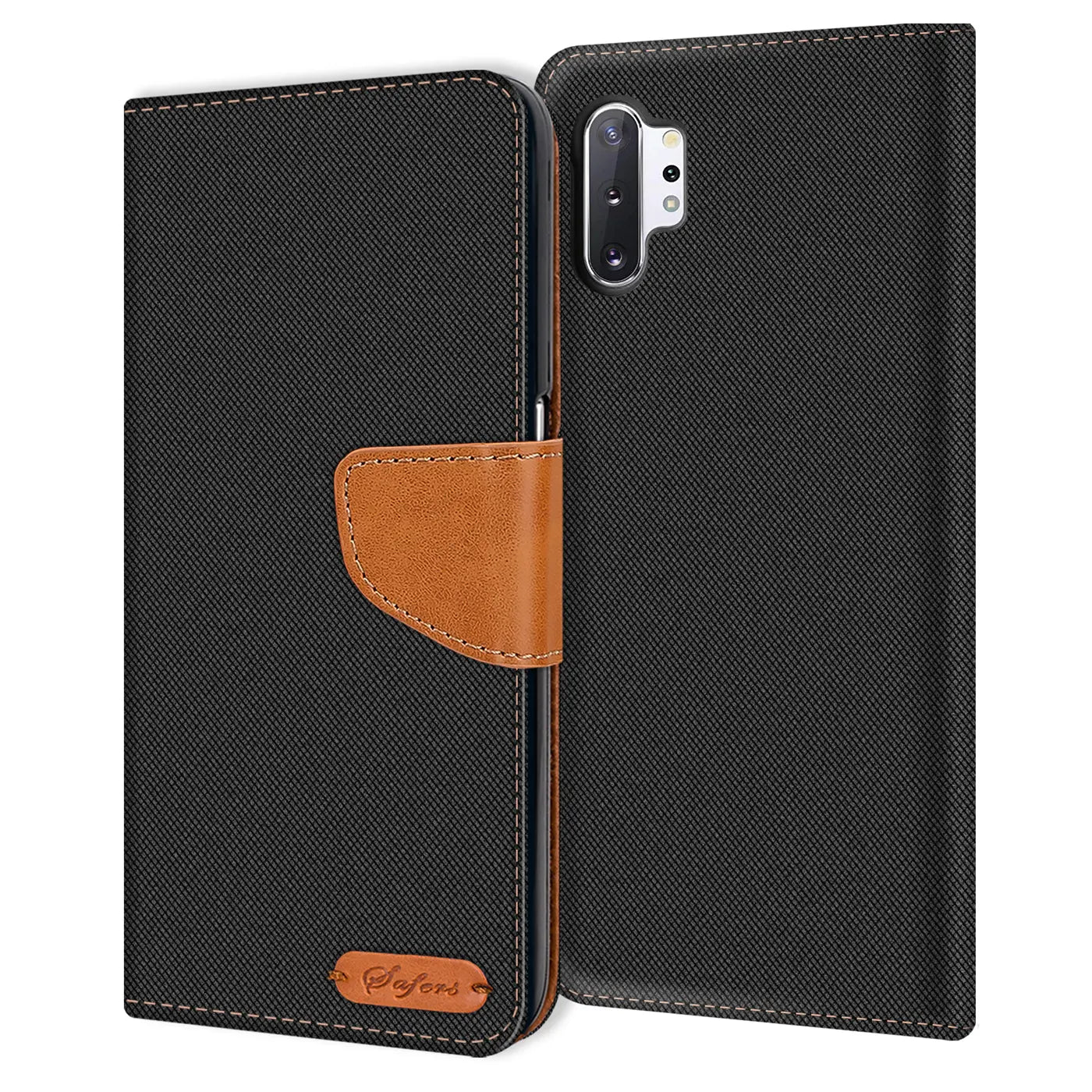 Schwarze Textil-Klapphülle mit braunem Lederakzent, Samsung Galaxy Note 10 Plus, von vorn
