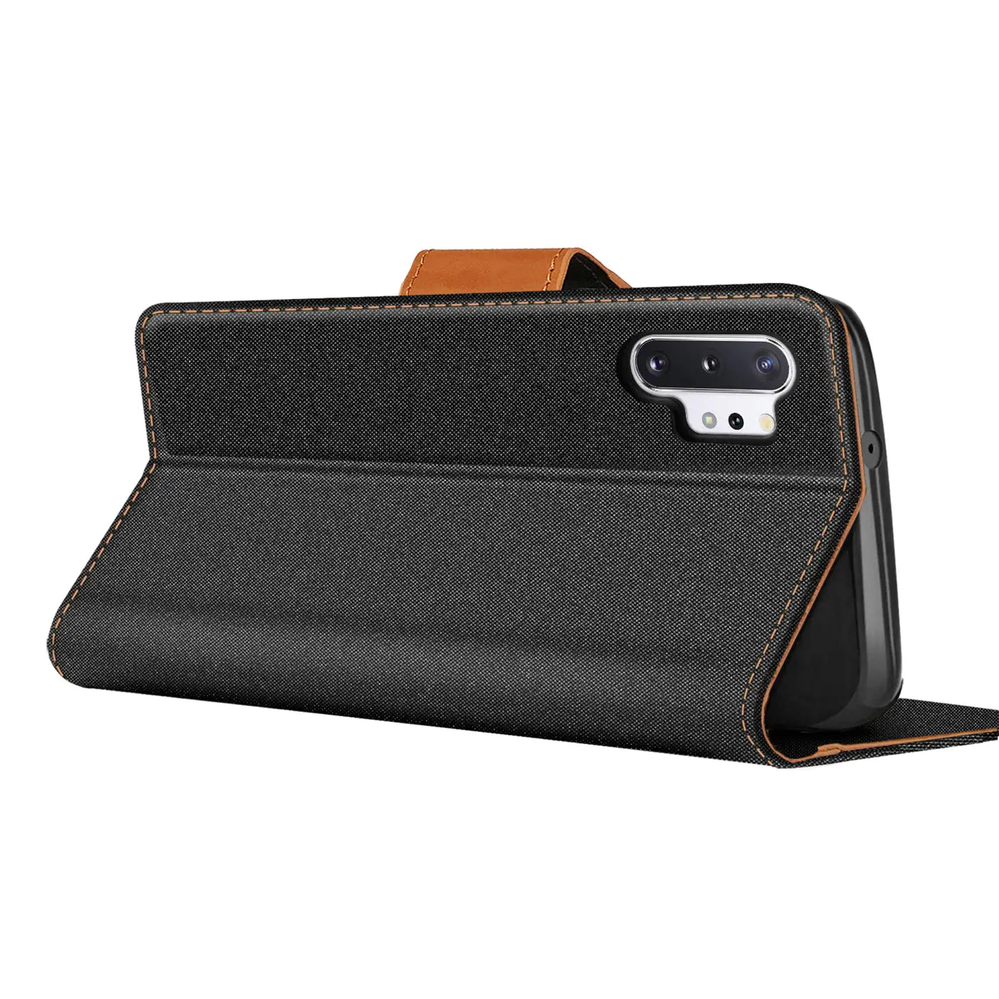 Schwarze Textil-Klapphülle mit braunem Lederriemen, seitliche Ansicht, zeigt Samsung Galaxy Note 10 Plus.