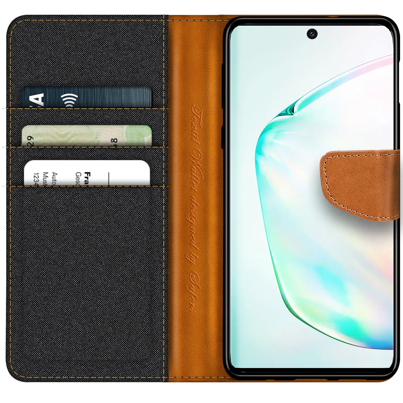 Textil Klapphülle mit Kartenfach, braun/grau, Samsung Galaxy Note 10, von vorne