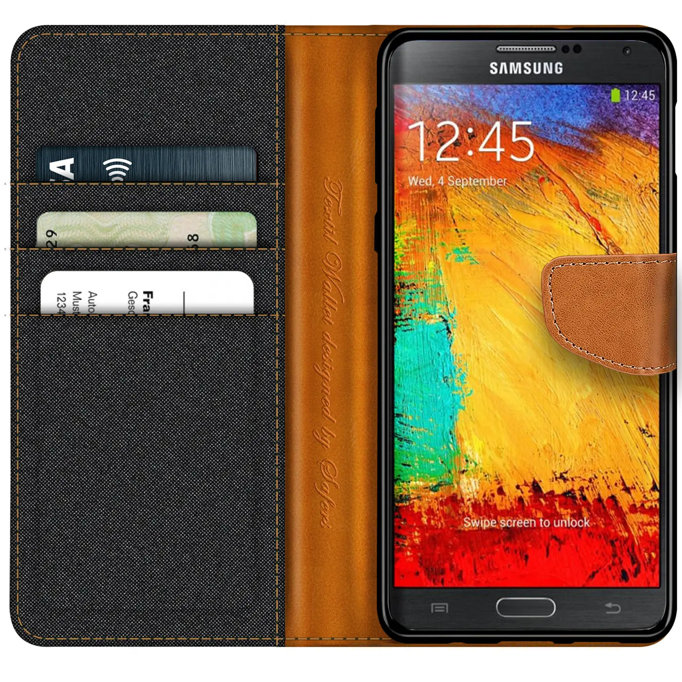 Textil-Klapphülle mit Kartenfach für Samsung Galaxy Note 3, braun/schwarz, von vorn