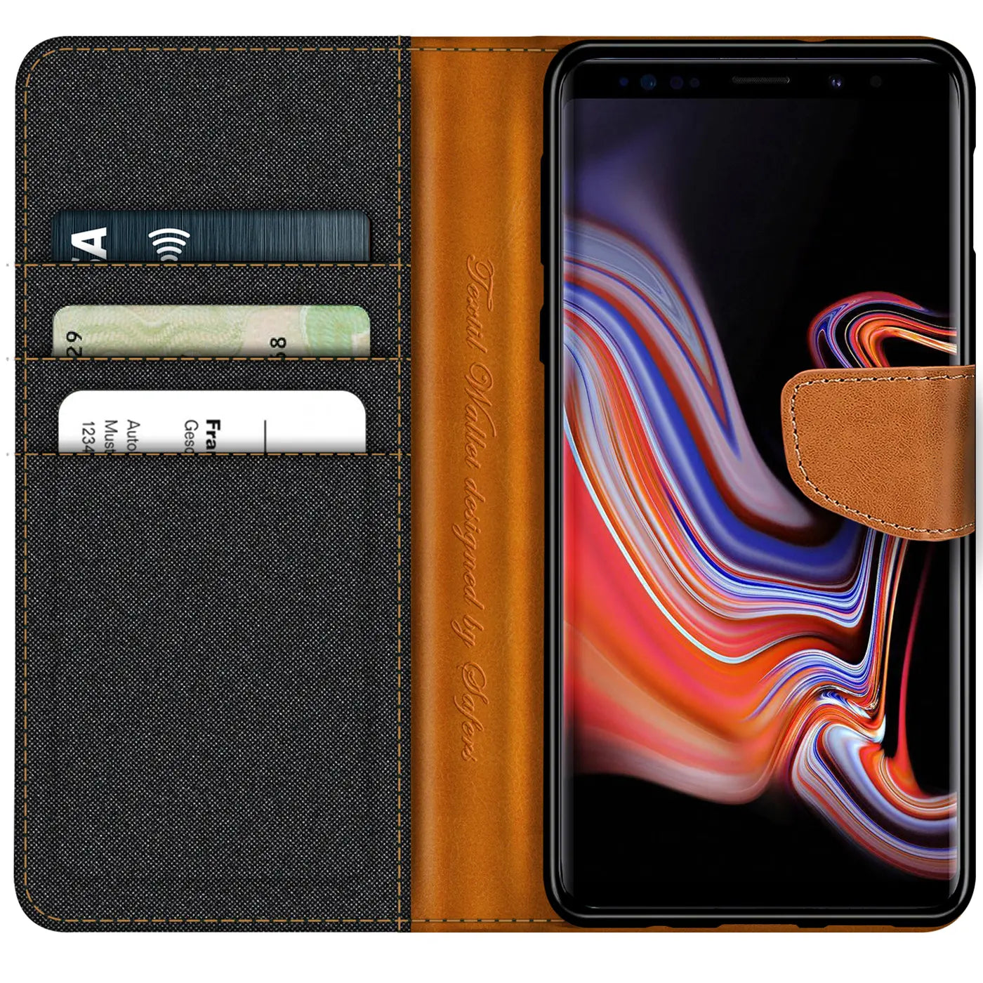 Textil-Klapphülle mit Kartenfach, braun/grau, für Samsung Galaxy Note 9, von vorne