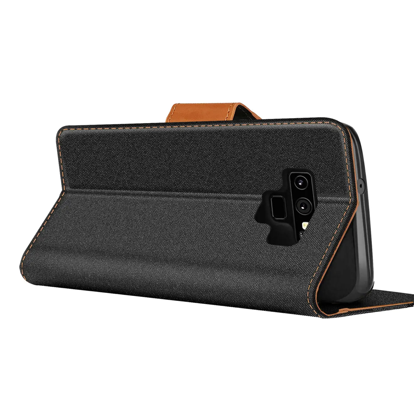 Schwarze Textil-Klapphülle mit braunem Lederriemen, seitliche Ansicht, Samsung Galaxy Note 9 erkennbar.