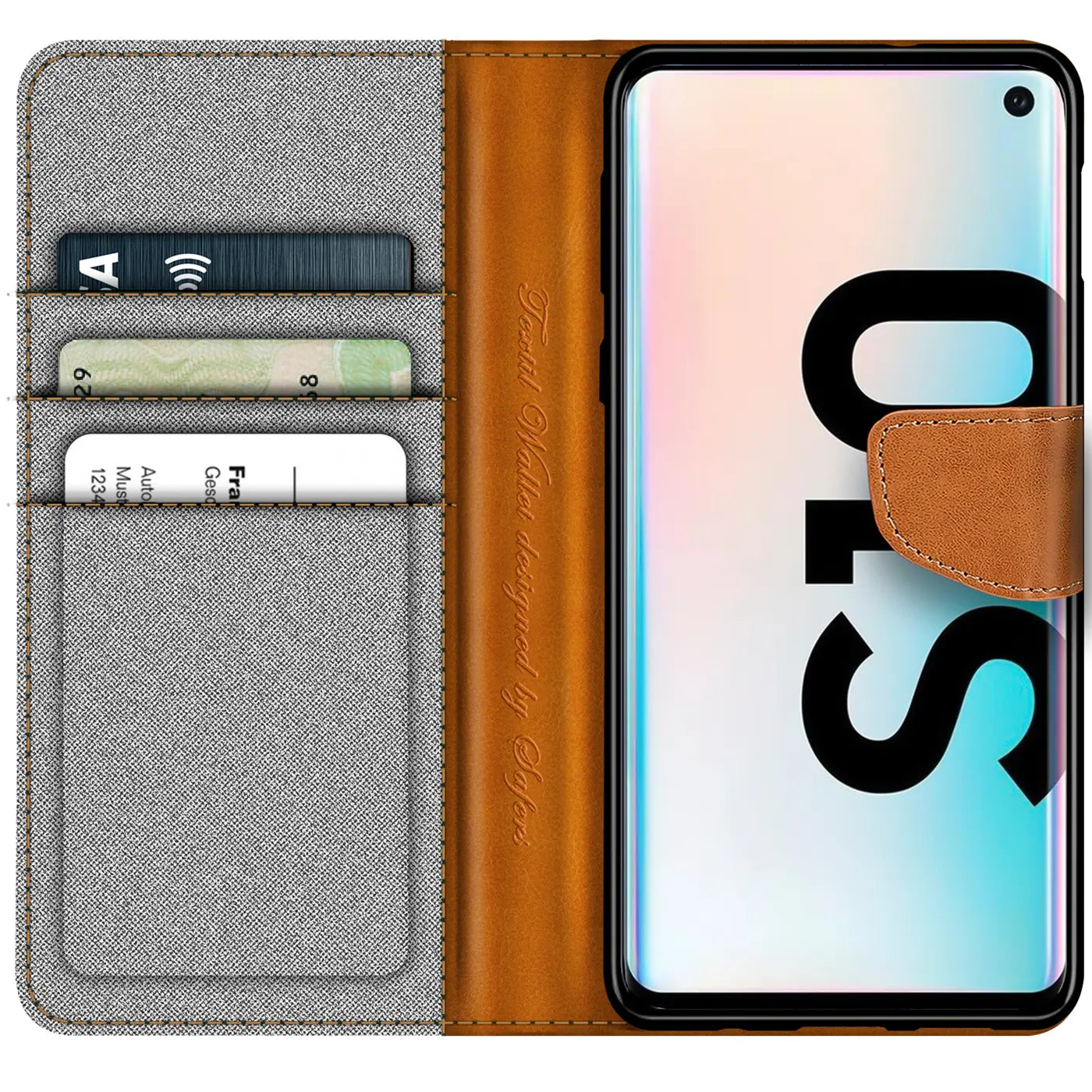 Graue Textil-Klapphülle mit braunem Leder-Detail, offen, zeigt Samsung S10 & Kartenfächer.