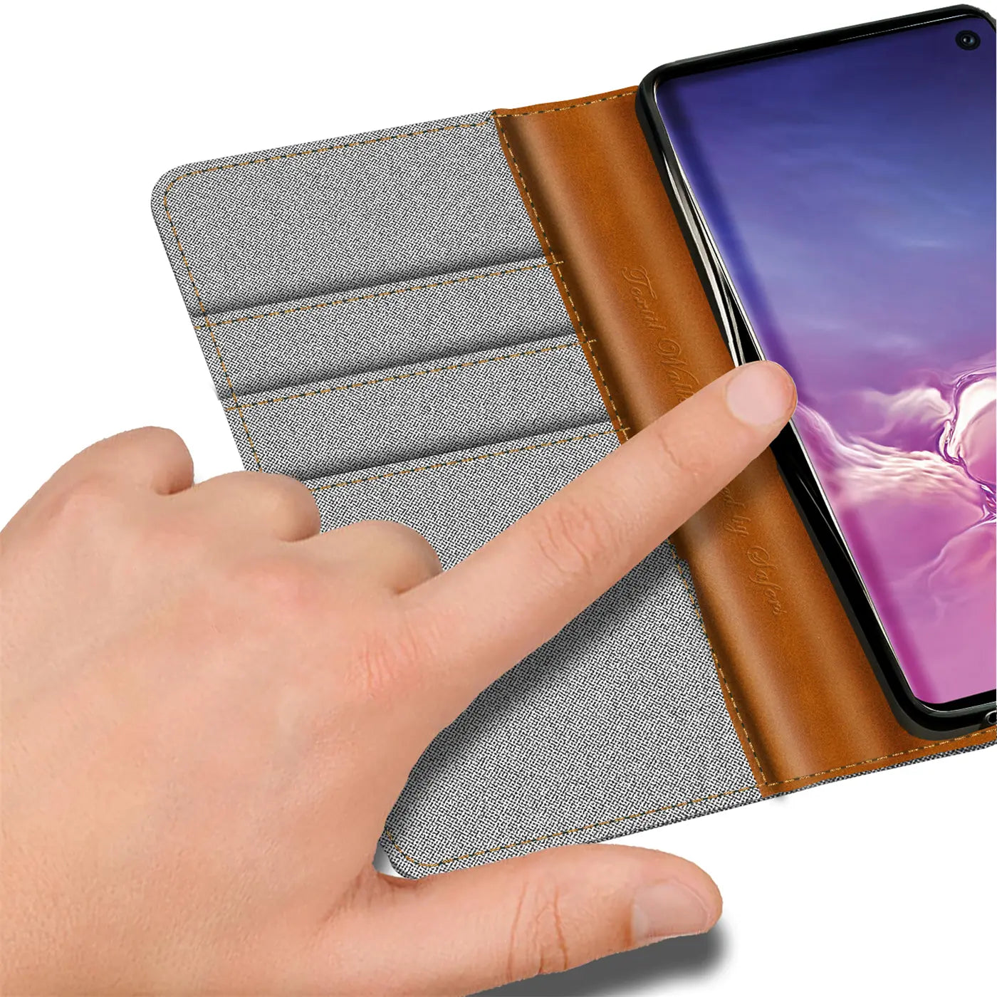 Graue Textil-Klapphülle mit braunen Lederdetails, Kartenfächern, zeigt Samsung S10 von vorne.