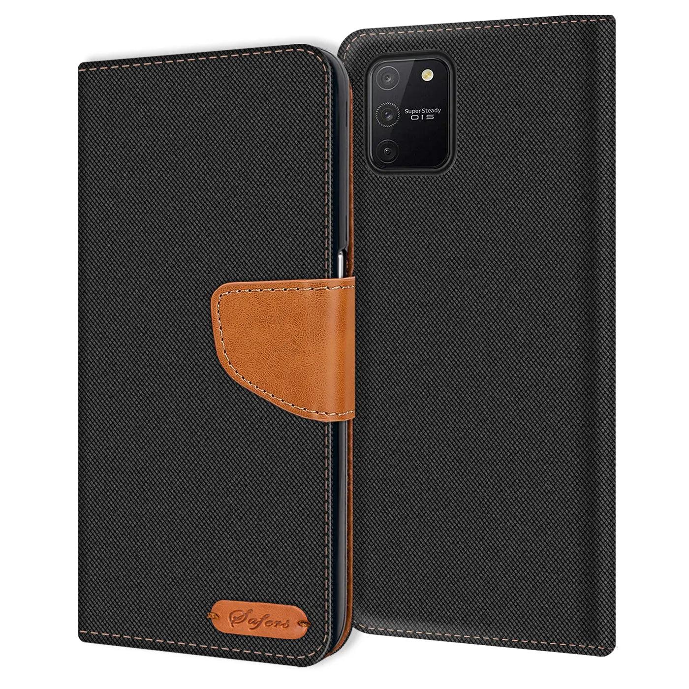 Schwarze Textil-Klapphülle mit braunem Lederriemen, Samsung Galaxy S10 Lite sichtbar, von vorne