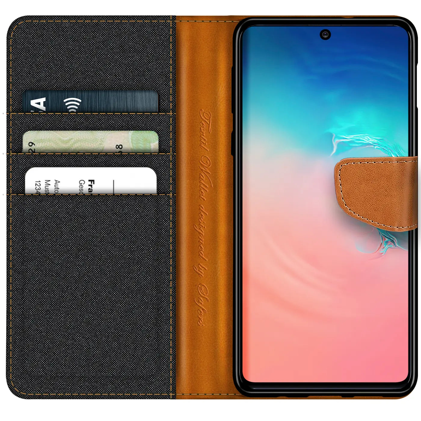 Textil Klapphülle mit Kartenfach für Samsung S10 Lite, schwarz/braun, von vorne
