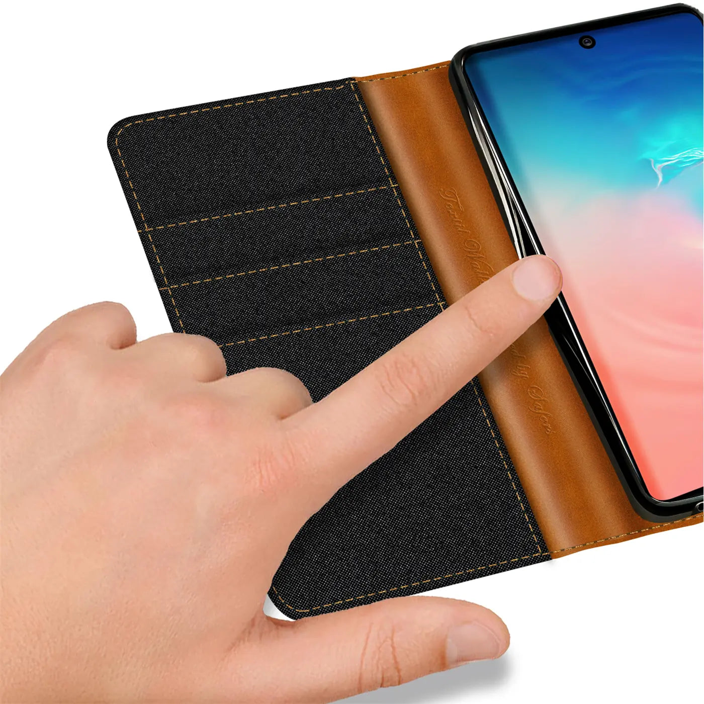 Textil-Klapphülle, schwarz/braun, mit Kartenfach, Samsung S10 Lite, Nahaufnahme