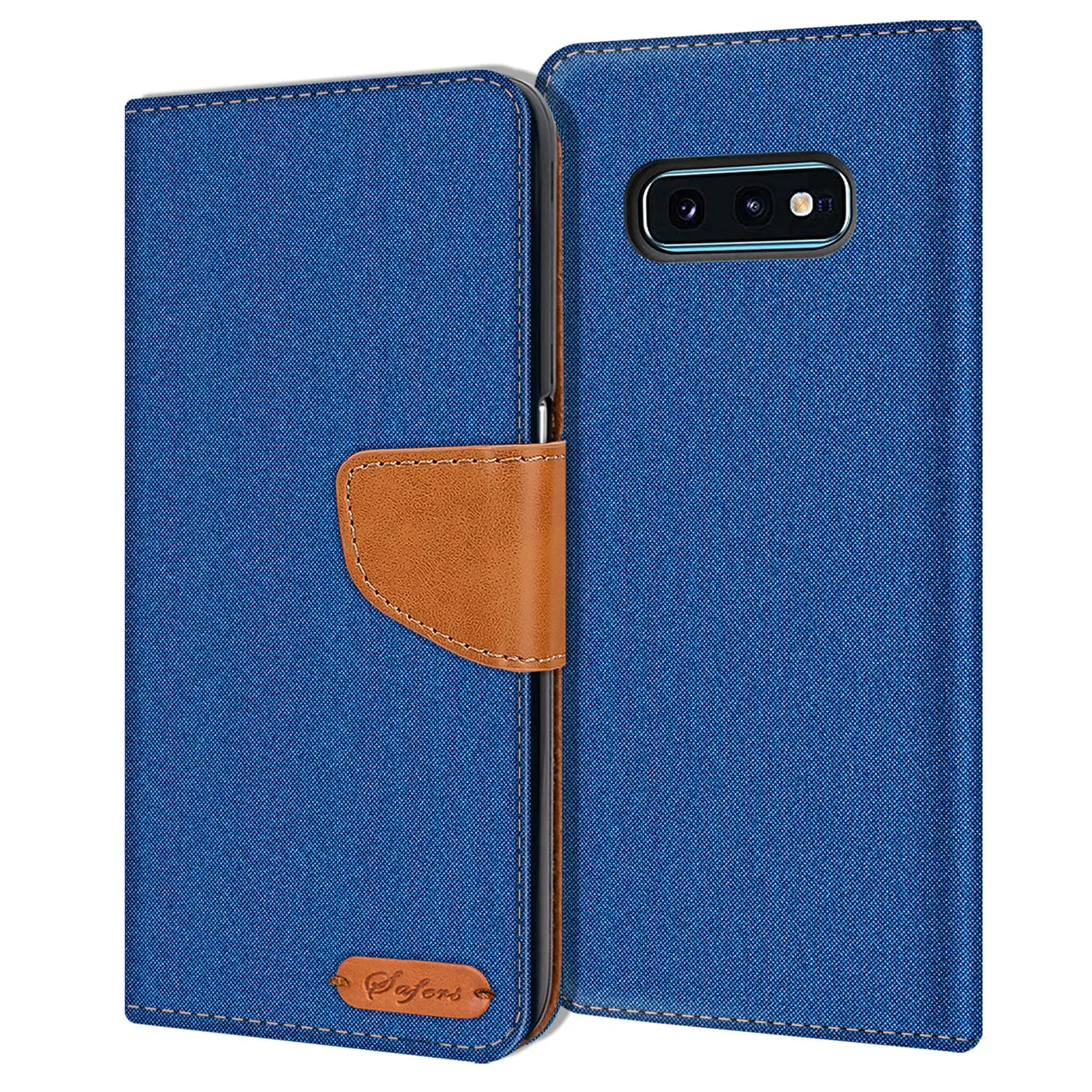 Blaue Textil-Klapphülle mit braunem Lederriemen, geöffnet, zeigt Rückseite eines Samsung Galaxy S10e.