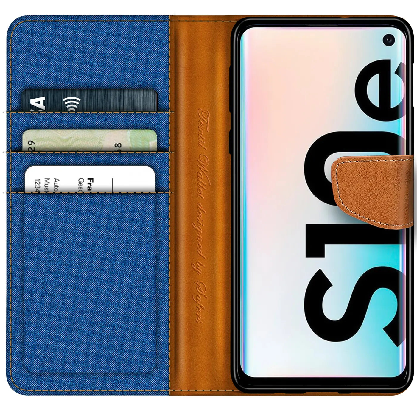 Blaue Textil-Klapphülle mit braunen Lederakzenten, Kartenfächern, Samsung S10e.