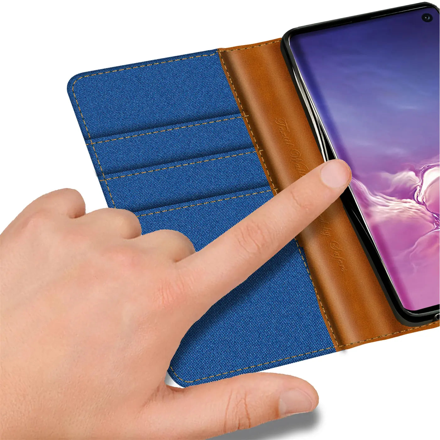 Blaue Textil-Klapphülle mit braunen Lederdetails, Kartenfach, Samsung S10e von oben.