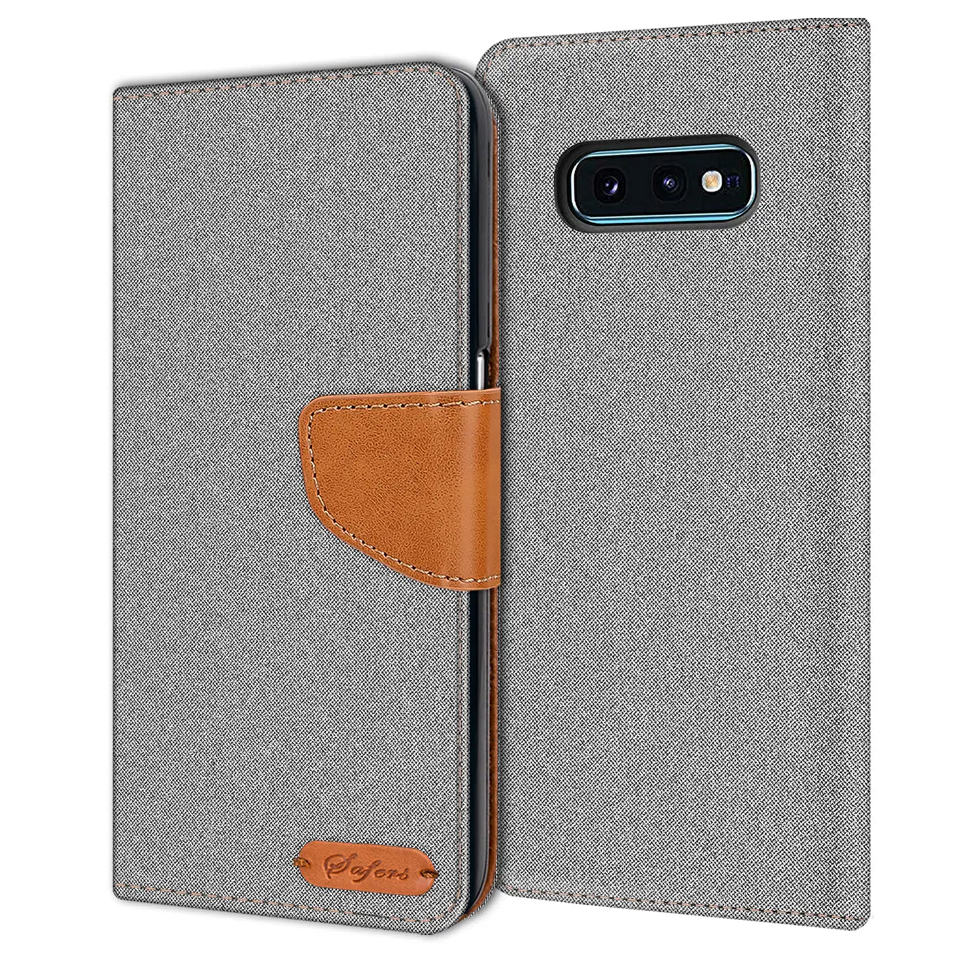 Graue Textil-Klapphülle mit braunem Lederriemen, Vorderansicht, Samsung S10e sichtbar.