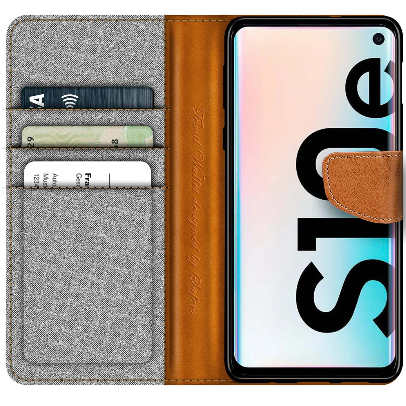 Graue Textil-Klapphülle mit braunen Lederdetails, Kartenfächern, Samsung Galaxy S10e.