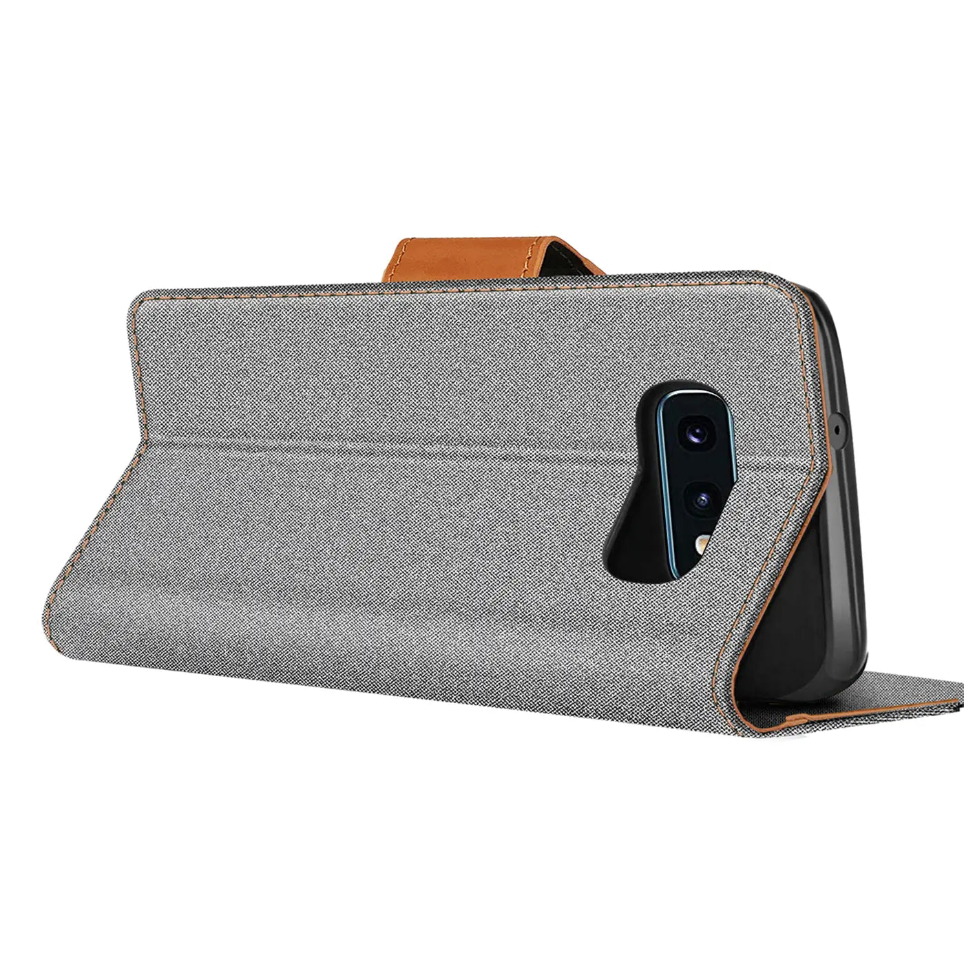 Graue Textil-Klapphülle mit braunem Riemen, seitliche Ansicht, Samsung Galaxy S10e.